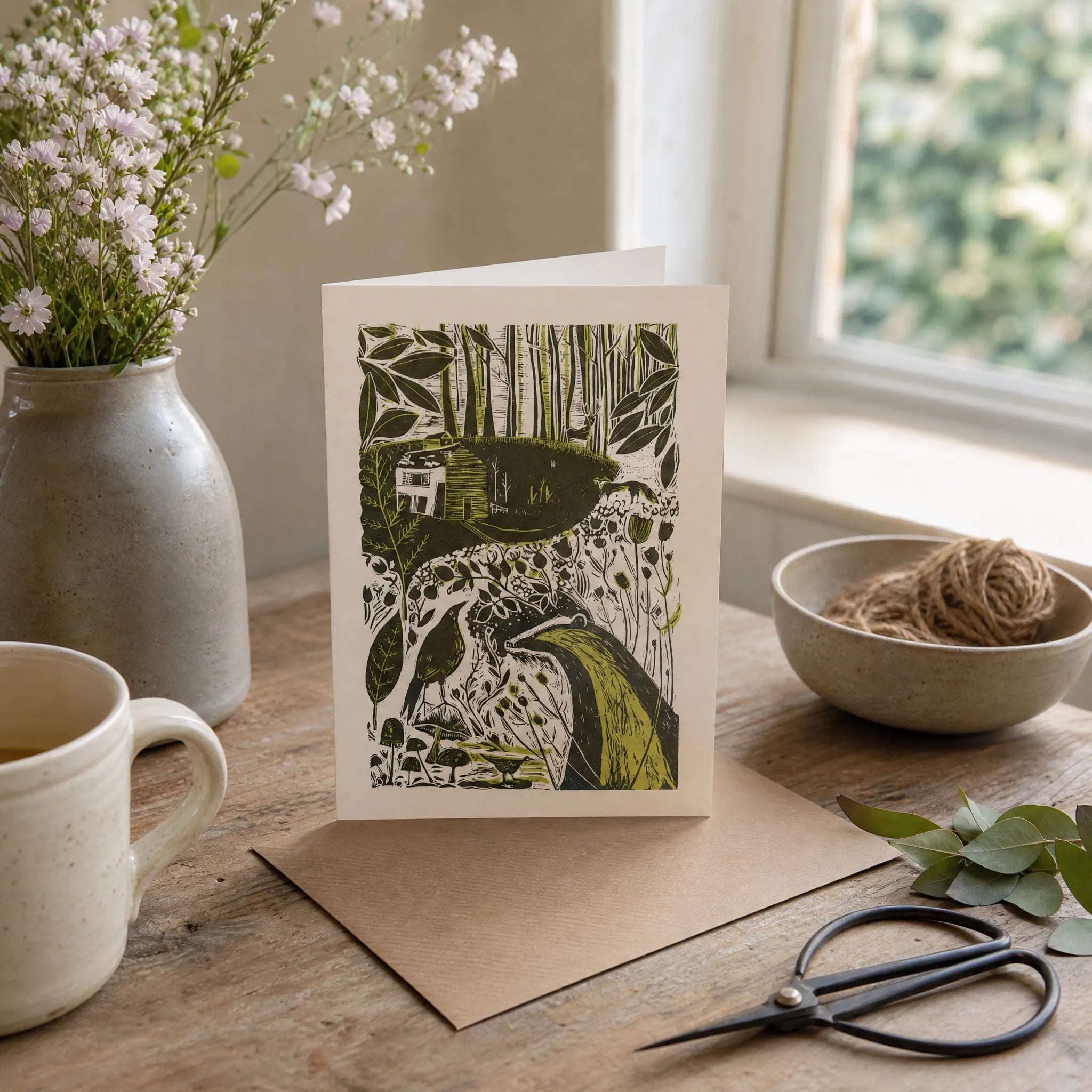 Sam Wilson Badger & Crow Linocut Greetings Card