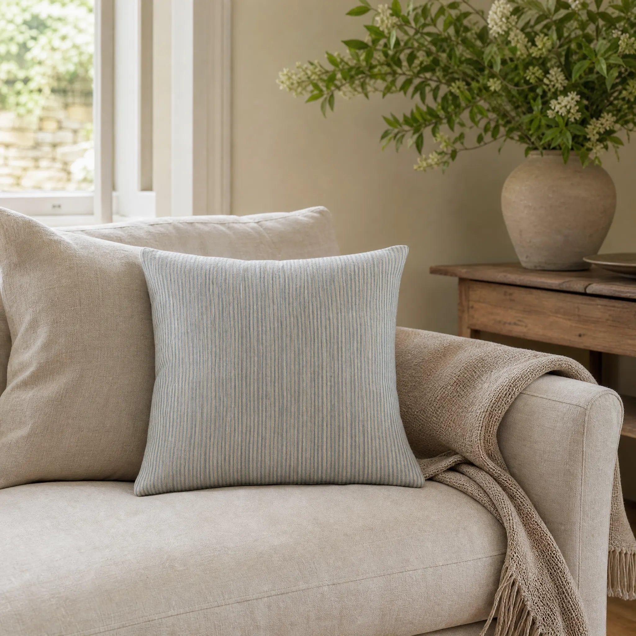 Sam Wilson Blue Stripe Square Linen Cushion