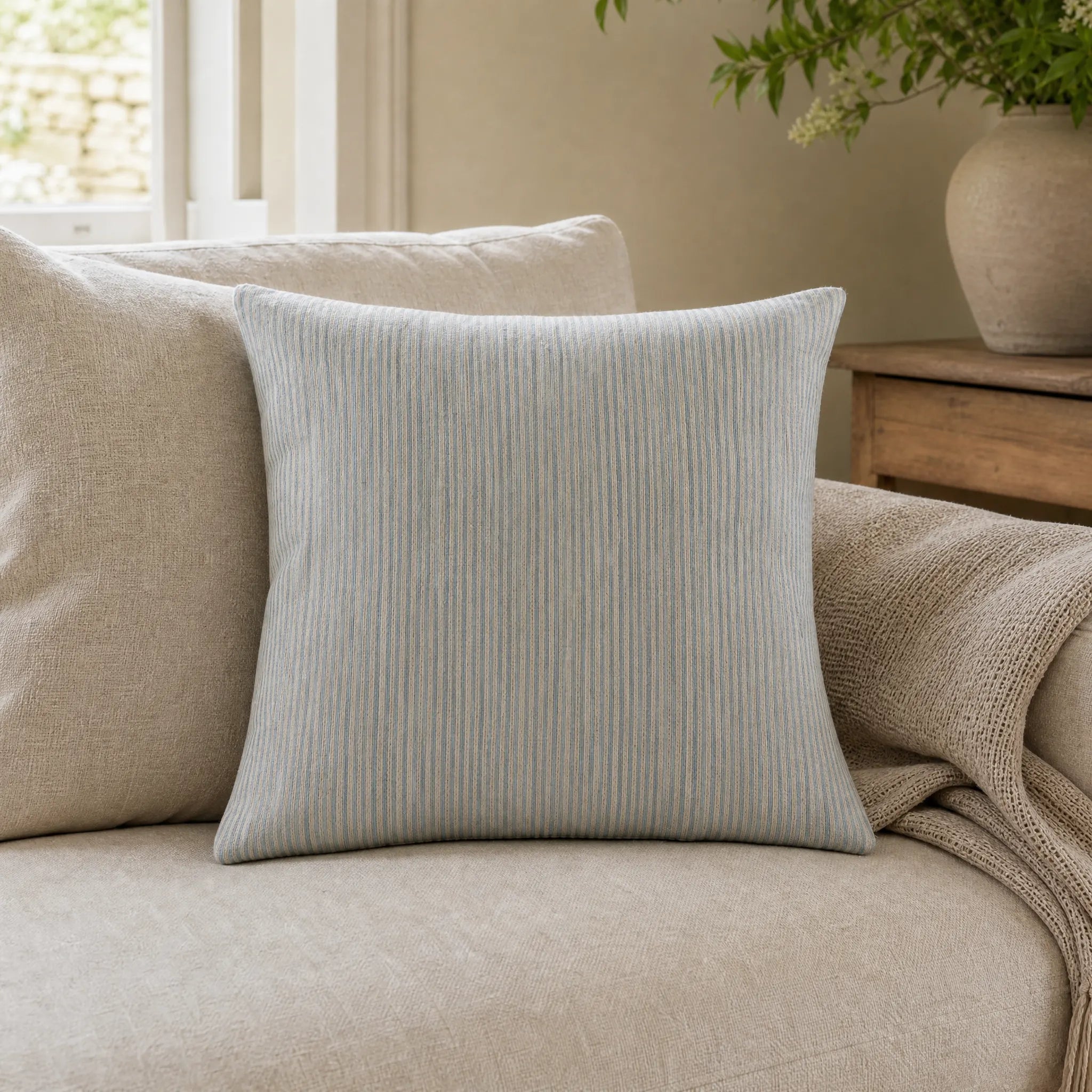 Sam Wilson Blue Stripe Square Linen Cushion