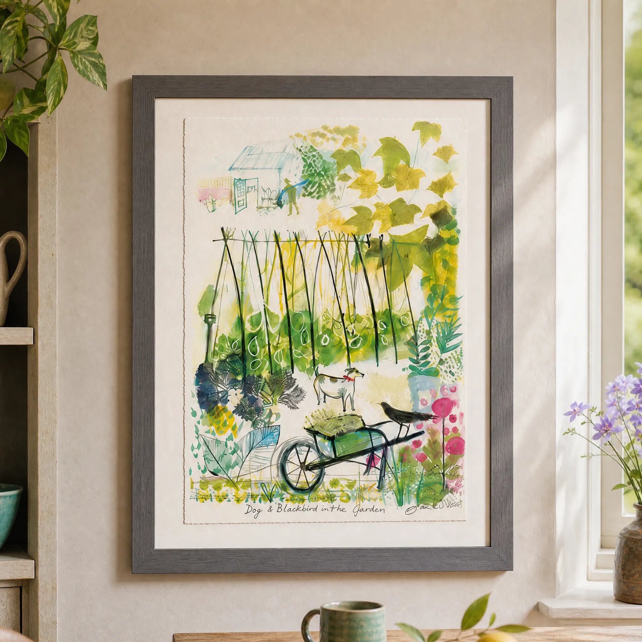 Sam Wilson Dog & Blackbird In The Garden Print