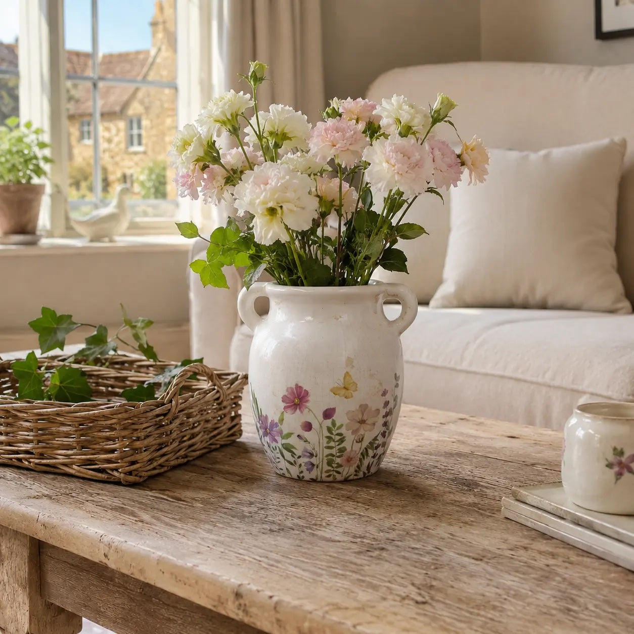 Floral Motif Vase With Handles