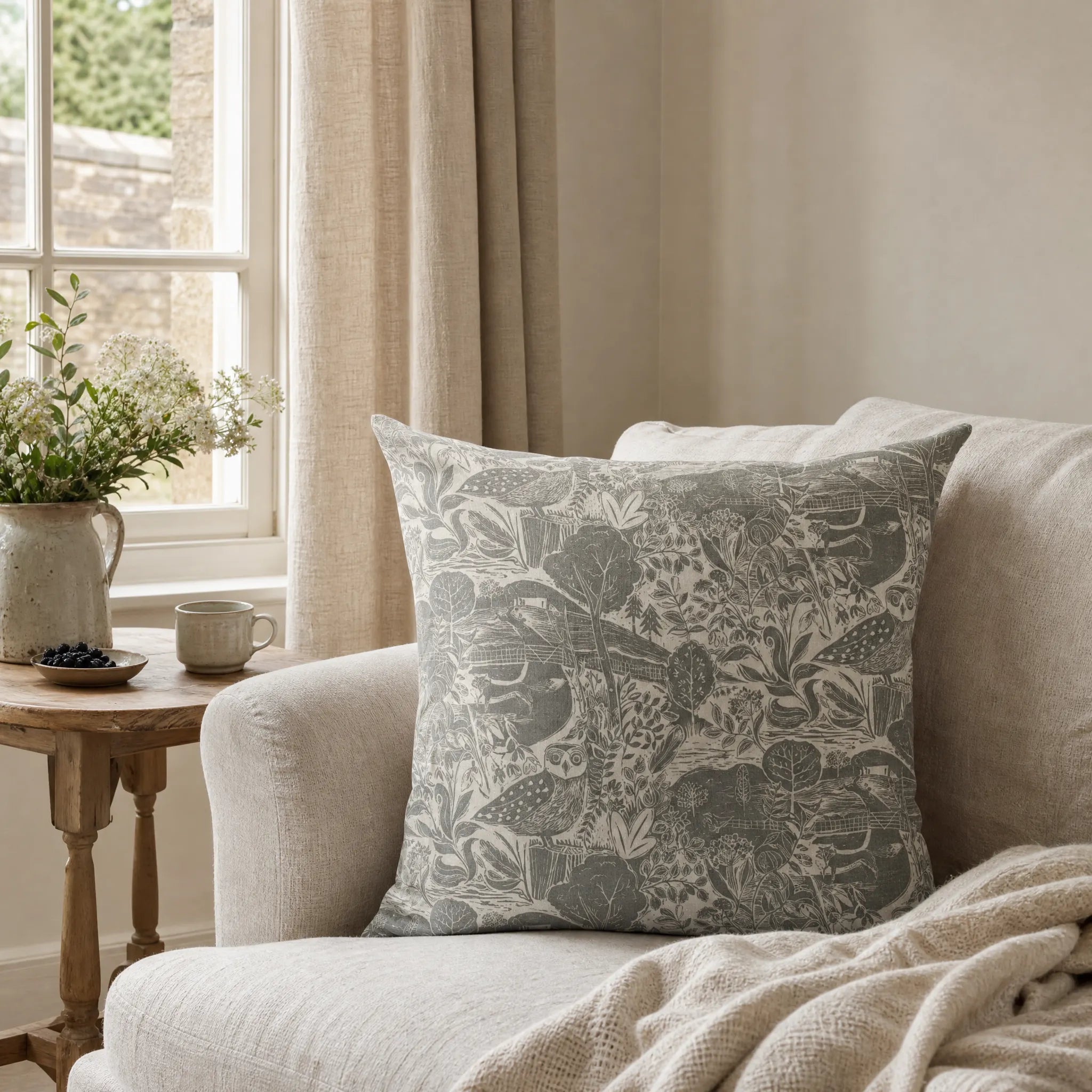 Sam Wilson Owl and Fox Large Linen Cushion