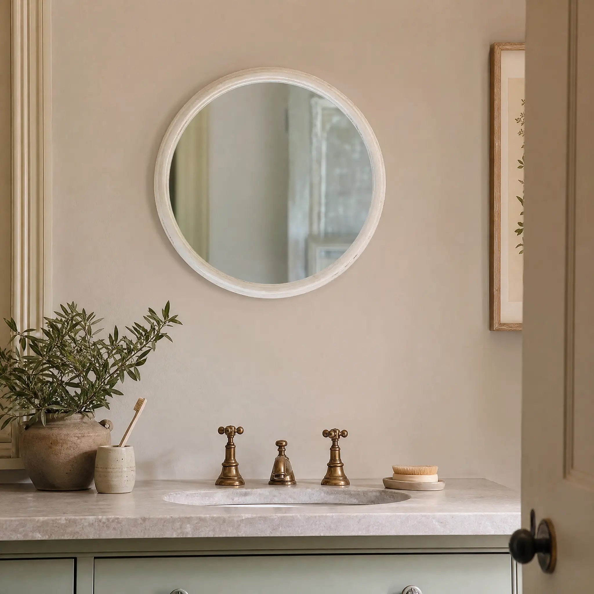 Round Mirror Distressed Antique White - Small