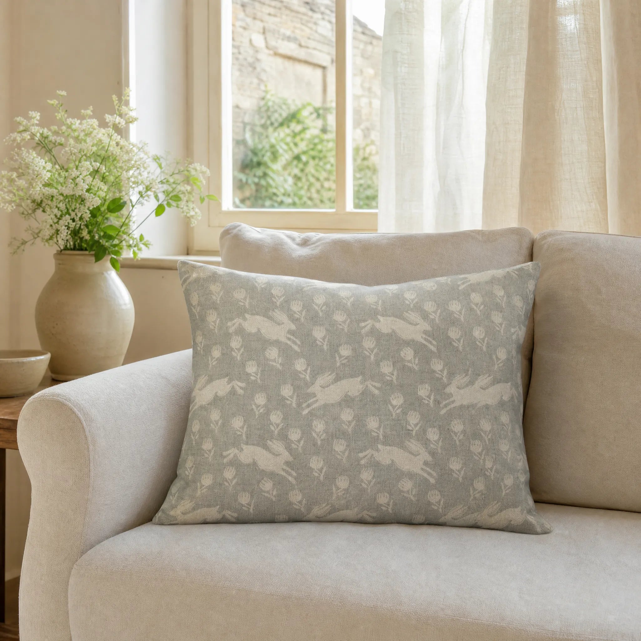 Sam Wilson Running Hare White On Grey Rectangle Linen Cushion cover