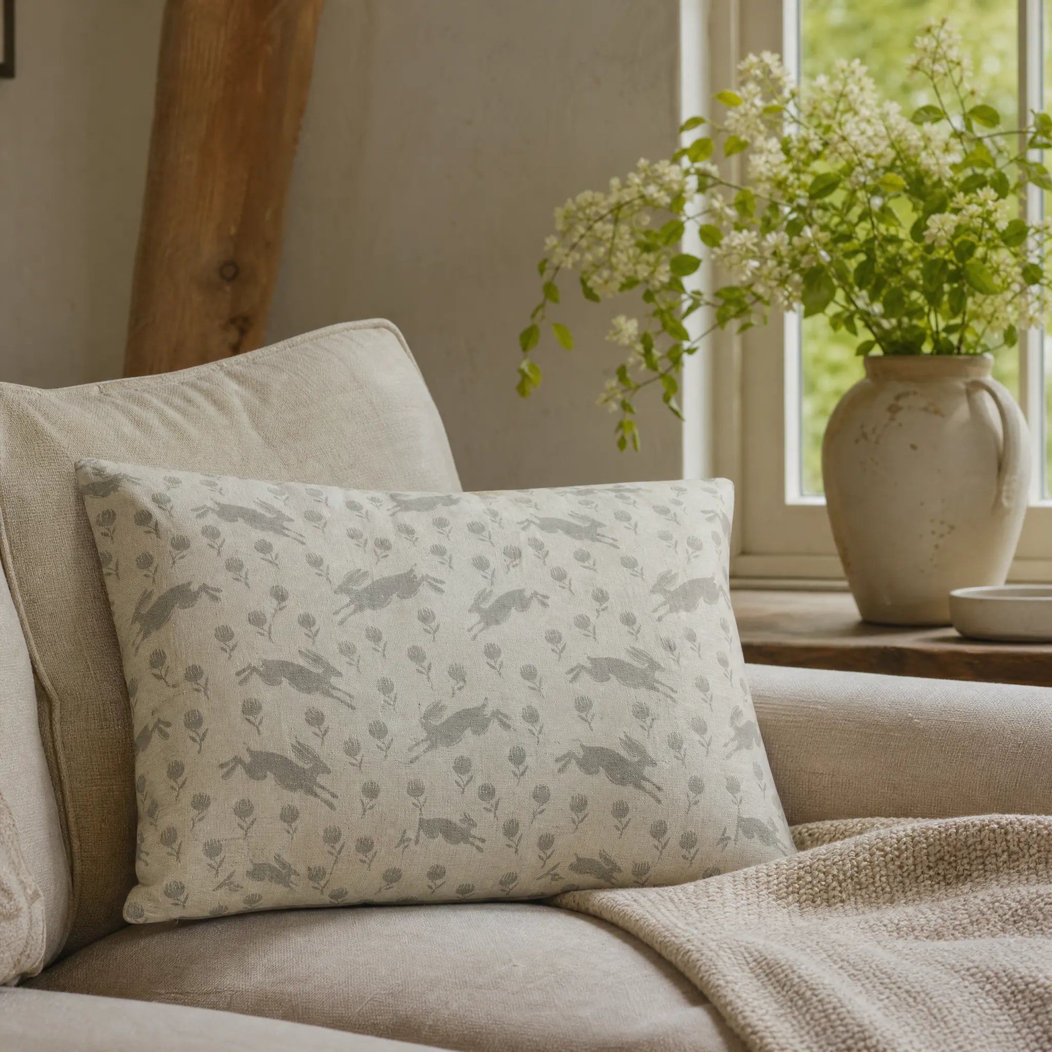 Sam Wilson Running Hare Grey On White Rectangle Linen Cushion