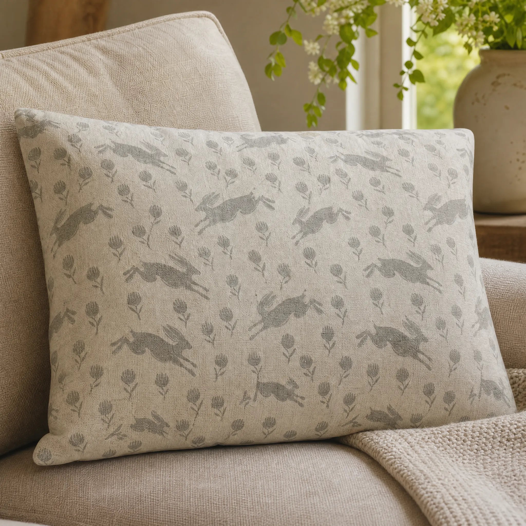Sam Wilson Running Hare Grey On White Rectangle Linen Cushion