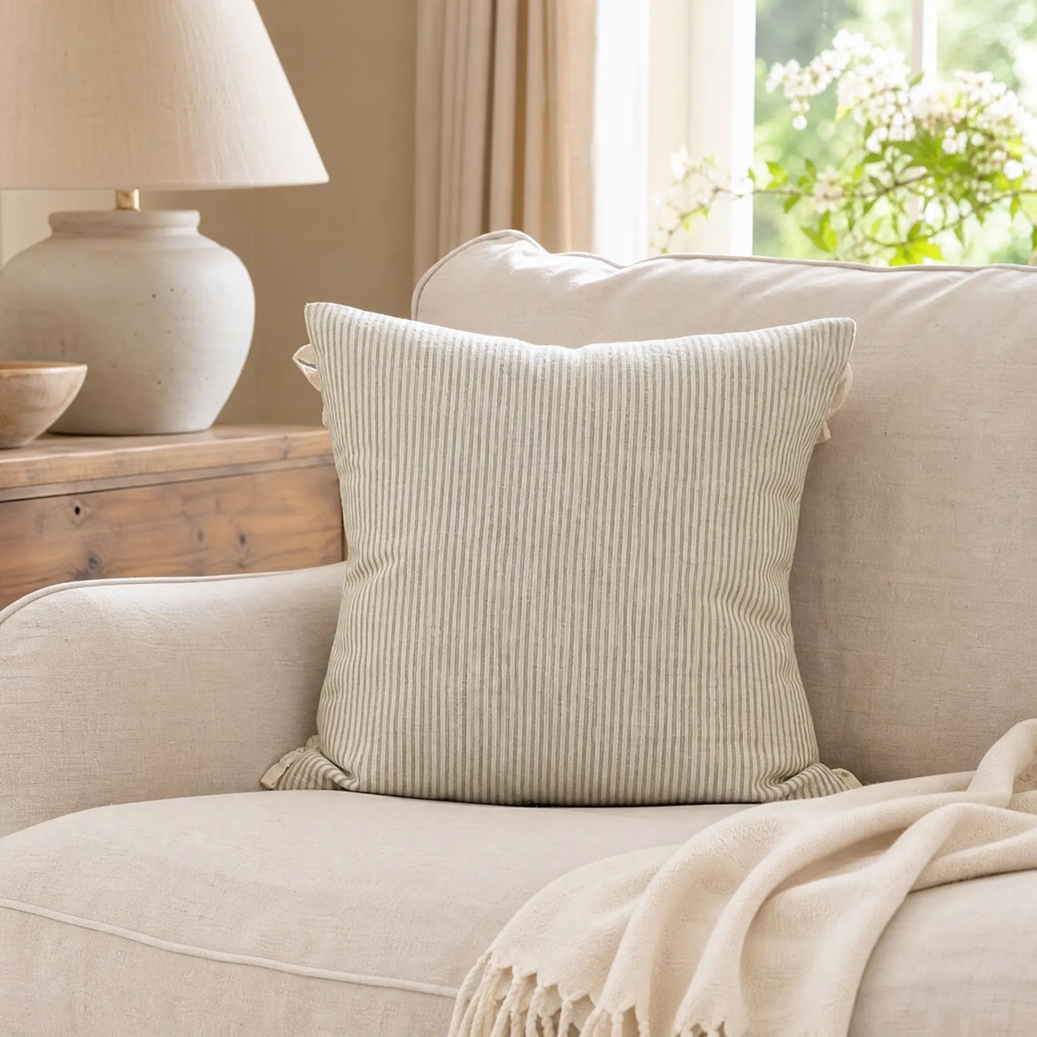 Sam Wilson Sage Green Stripe Square Linen Cushion