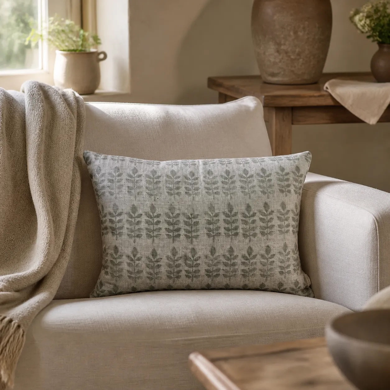 Sam Wilson Sage Green Leaf Rectangle Linen Cushion