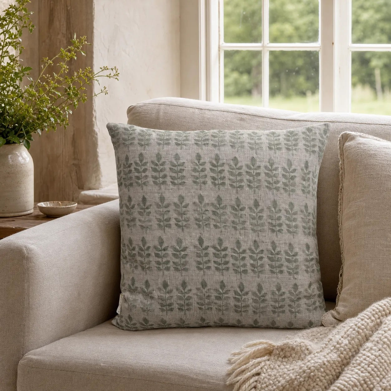 Sam Wilson Sage Green Leaf Square Linen Cushion