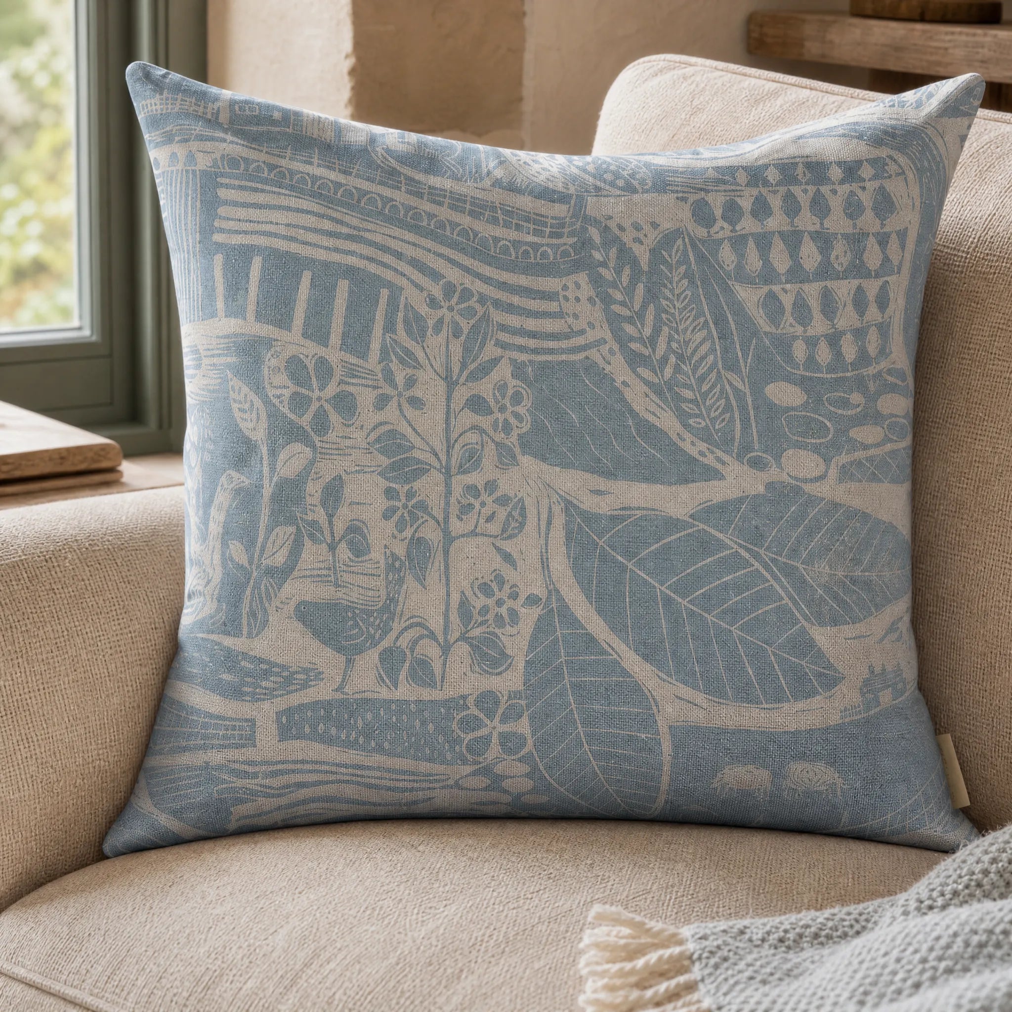 Sam Wilson Through The Fields Duck Egg Blue On White Square Cushion