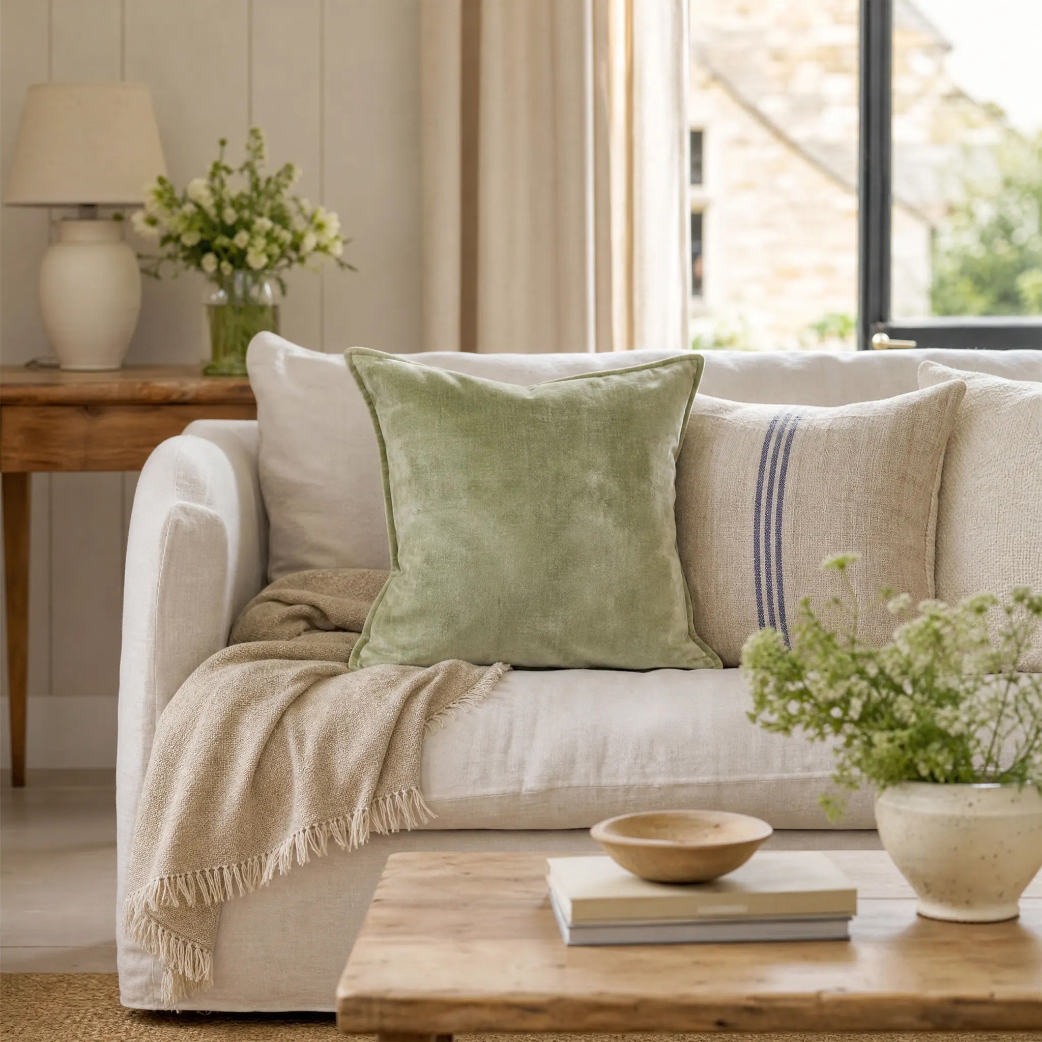 Sam Wilson Soft Green Velvet Hemmed Cushion