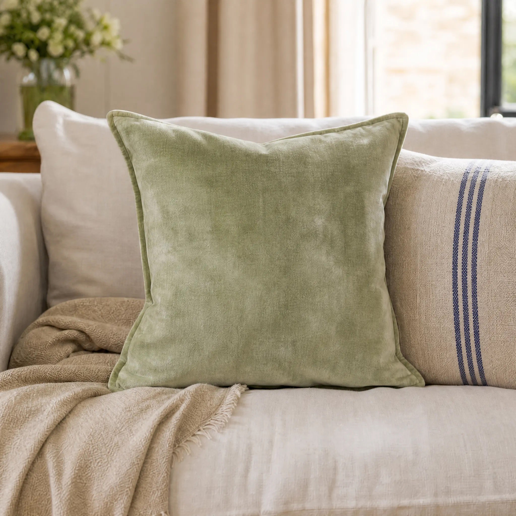 Sam Wilson Soft Green Velvet Hemmed Cushion