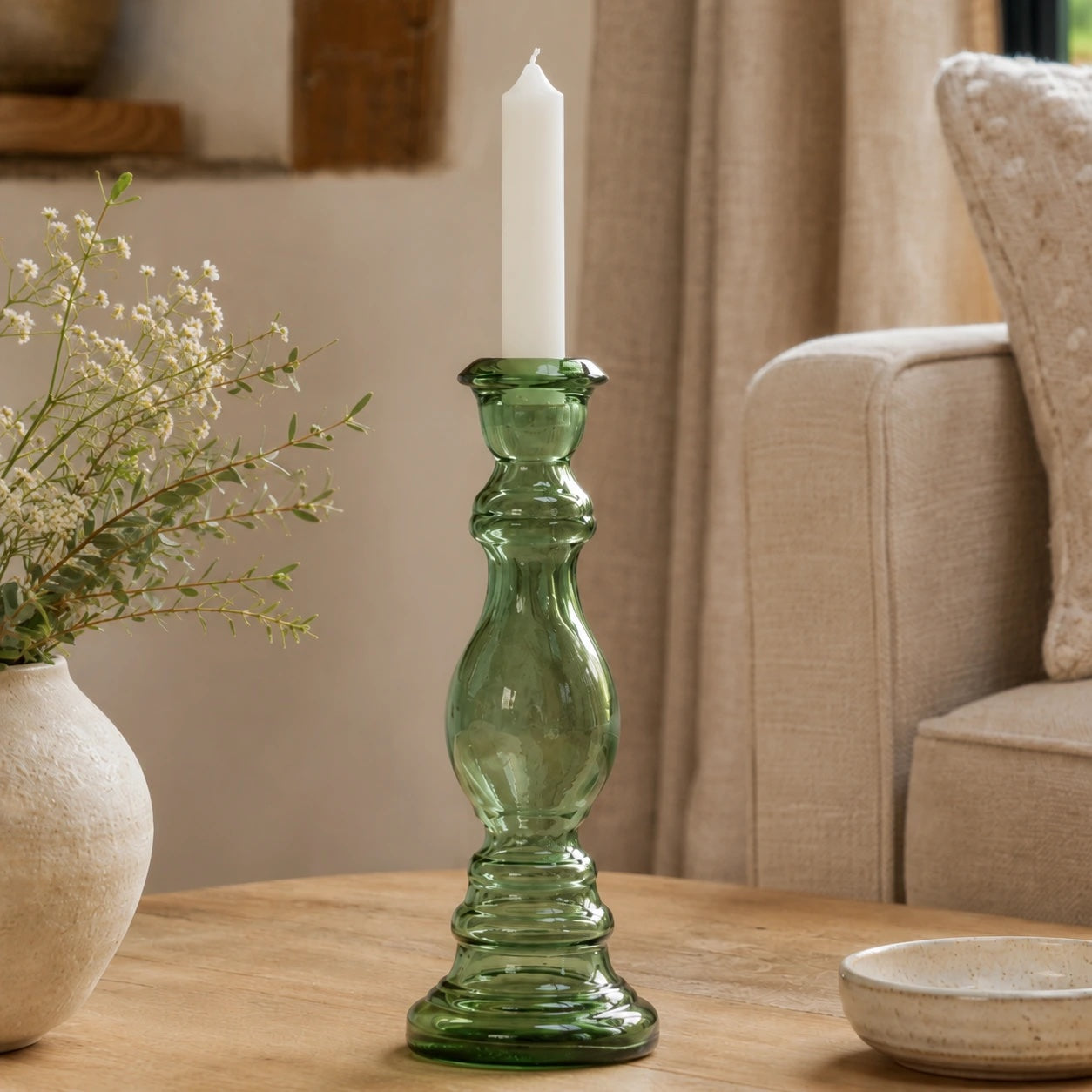 Recycled Glass Candlestick - Juniper Green