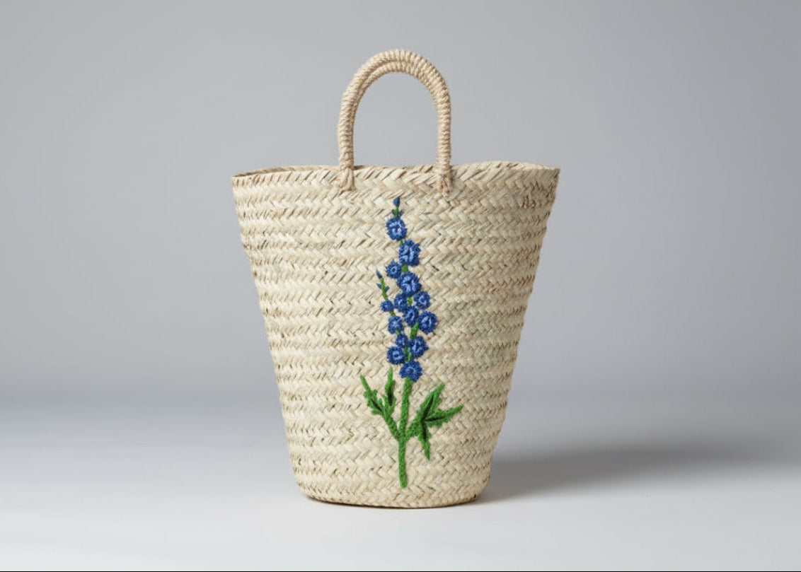 Hand embroidered basket Delphinium
