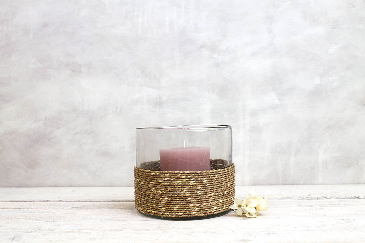 Glass Hurricane with Wicker Bottom