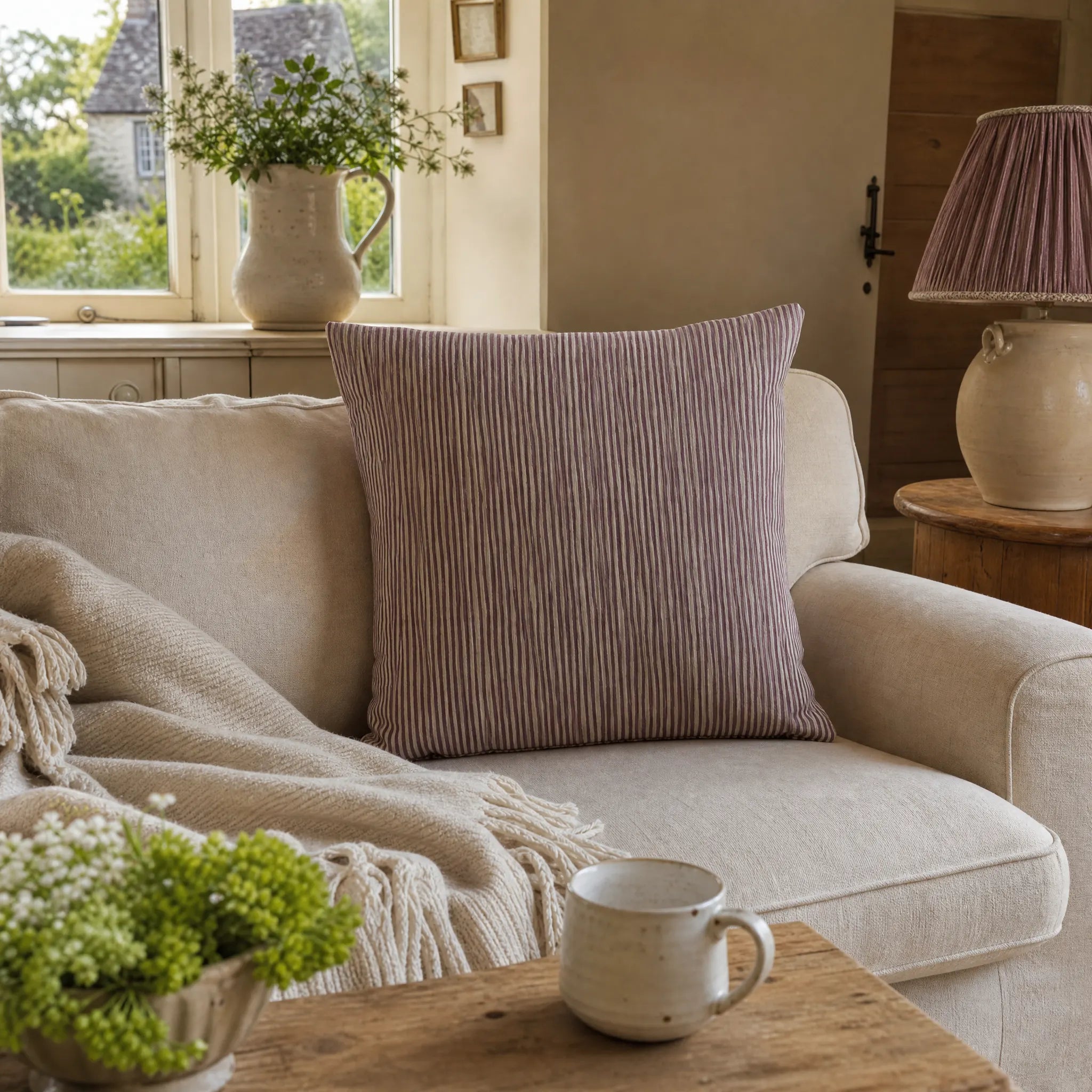 Aubergine Stripe Square Linen Cushion