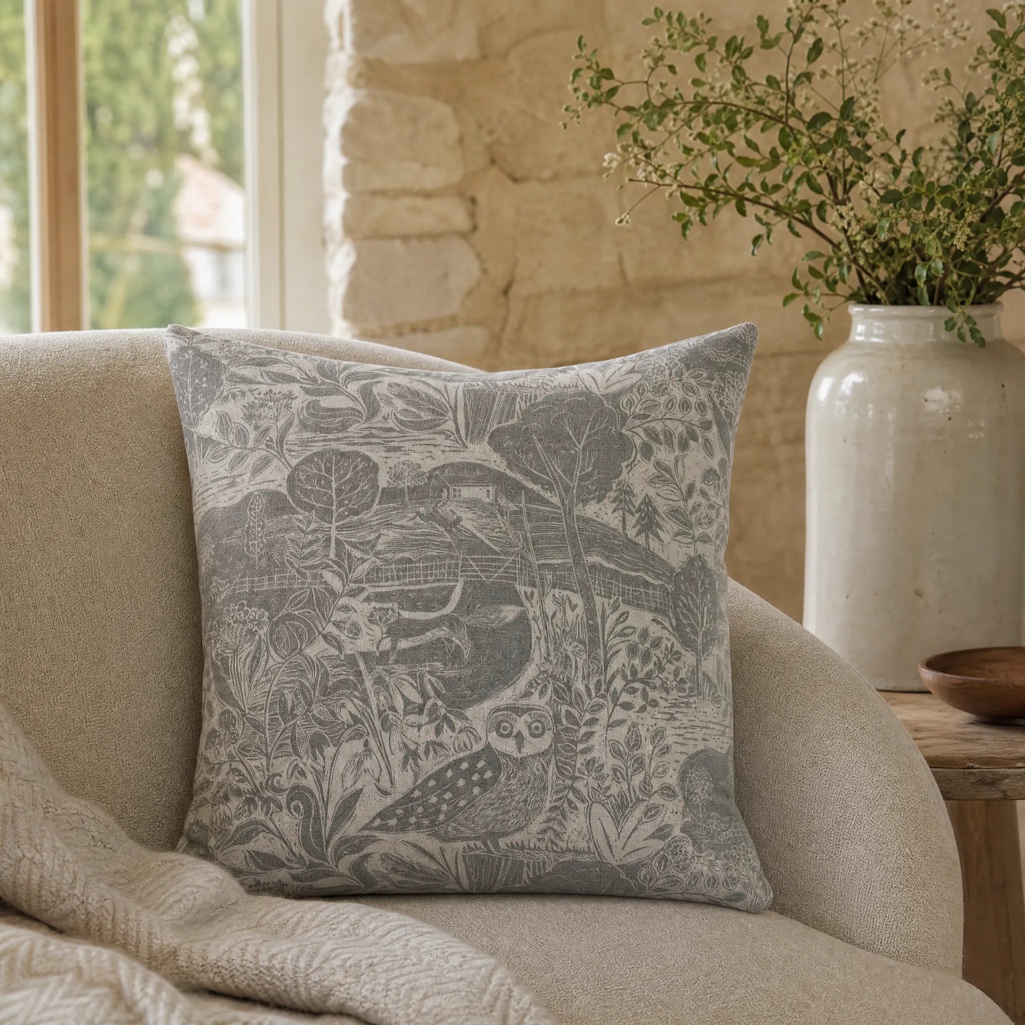 Sam Wilson Owl & Fox Square Linen Cushion