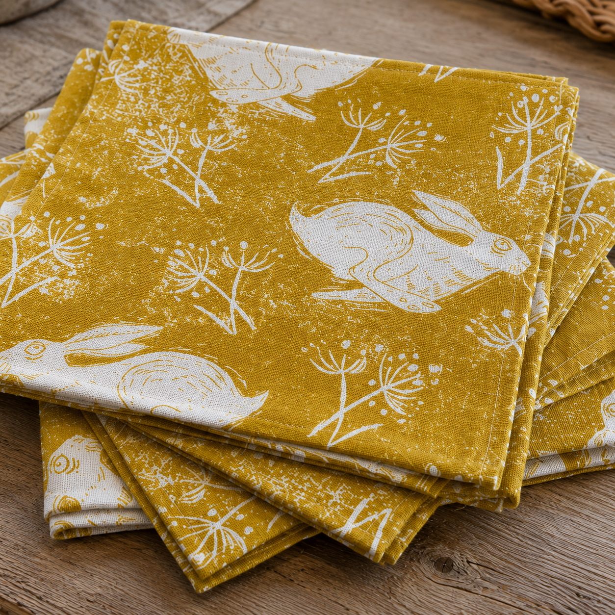 Sam Wilson Headlong Hare Yellow Ochre Cotton Napkins - Set of 4 - Zoomed