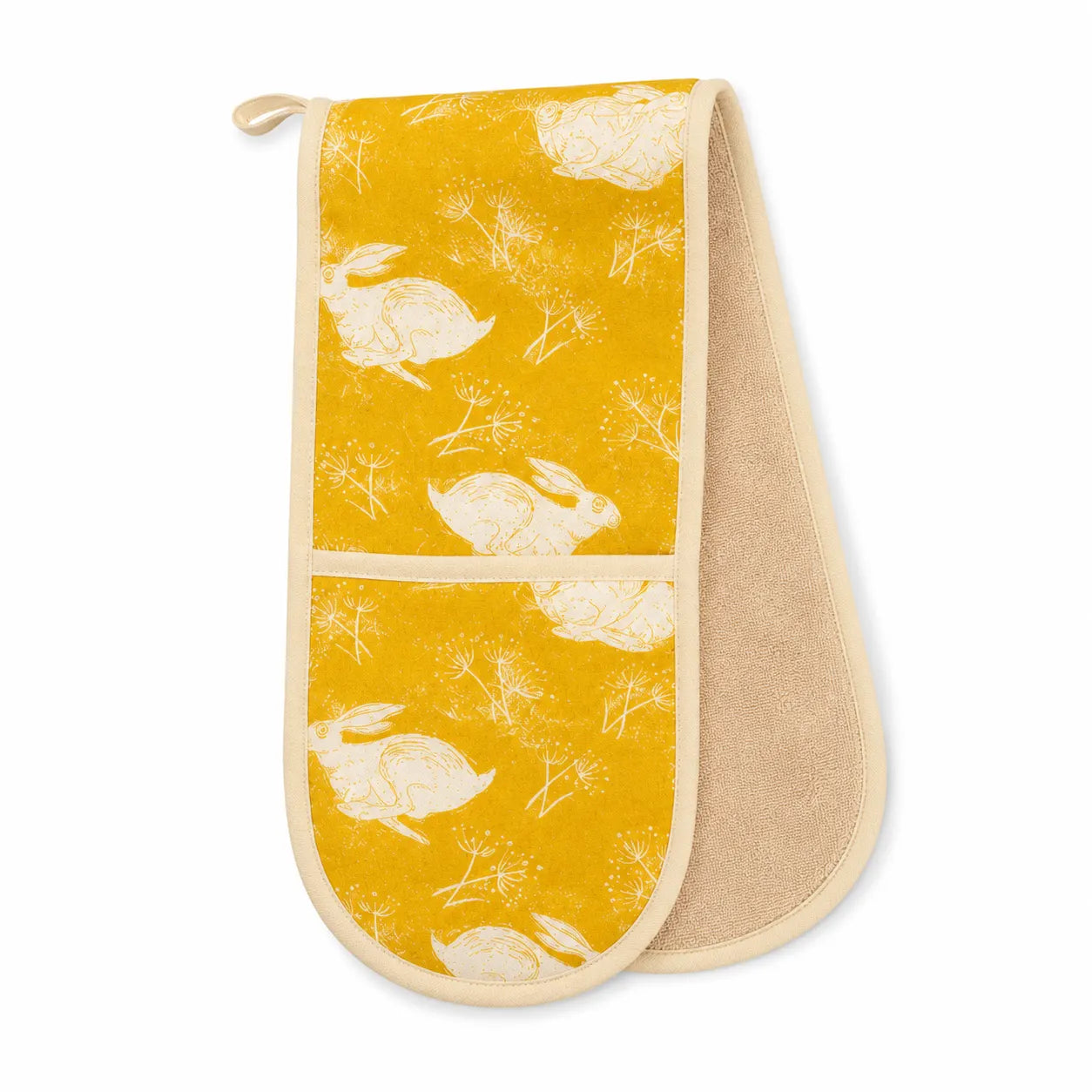 Sam Wilson Headlong Hare Yellow Ochre Cotton Oven Gloves - Studio