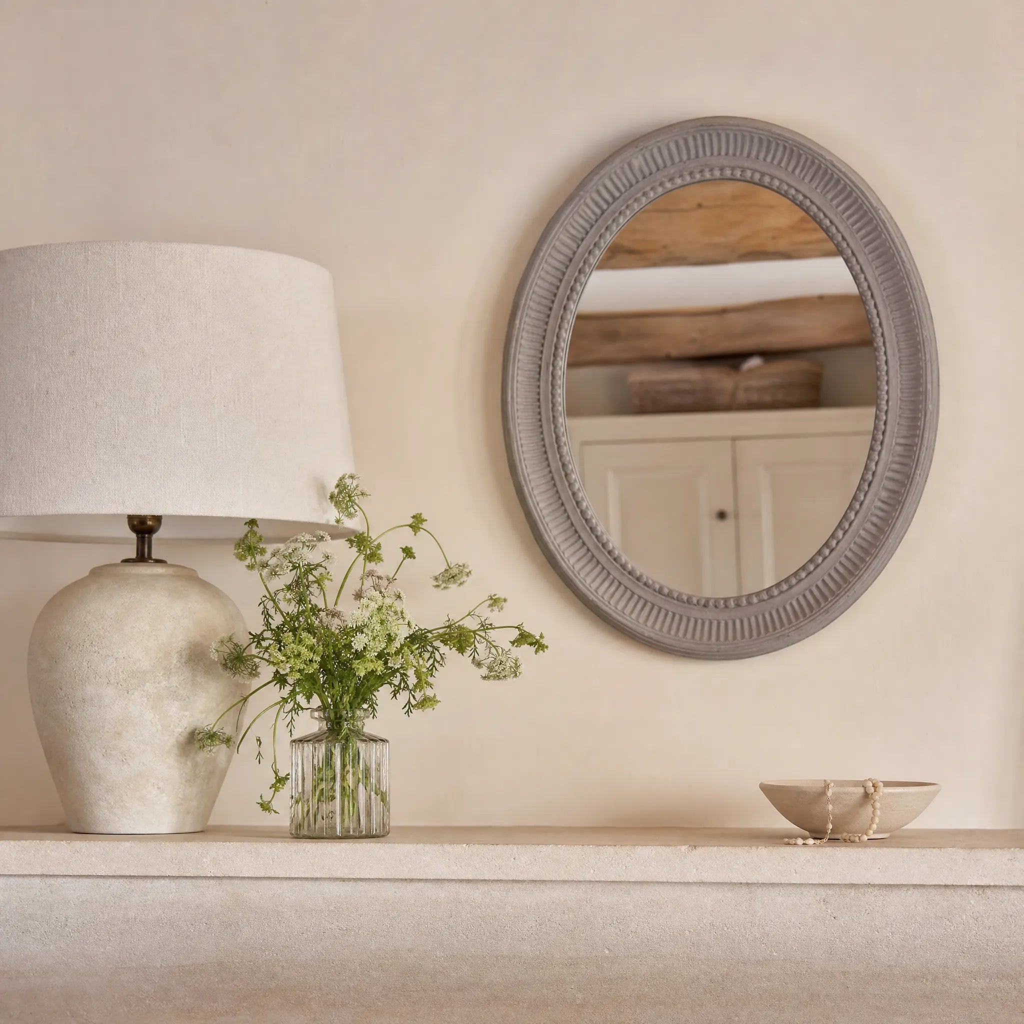 Oval Carved Mirror - Soft Grey