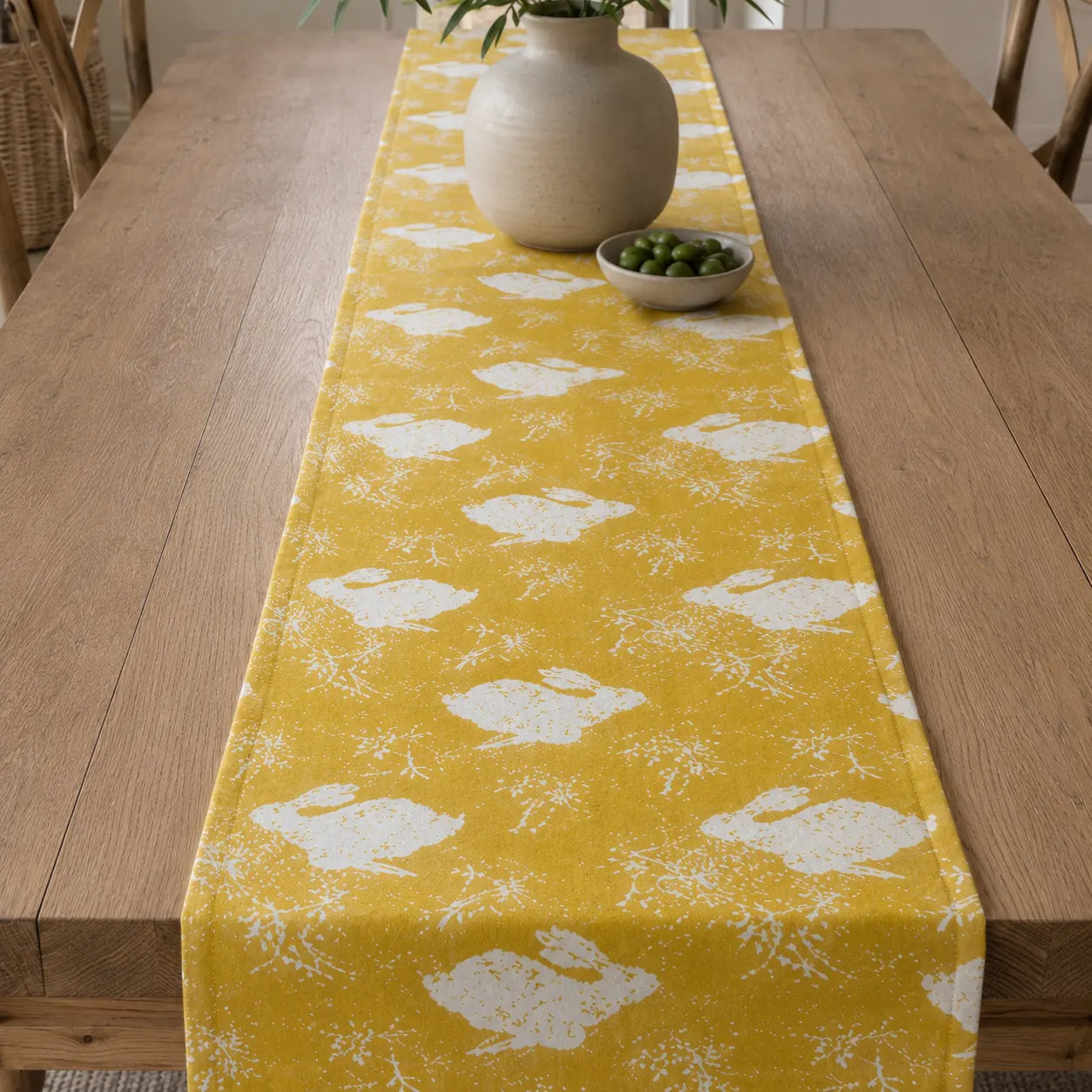 Sam Wilson Headlong Hare Yellow Ochre Table Runner - Zoomed
