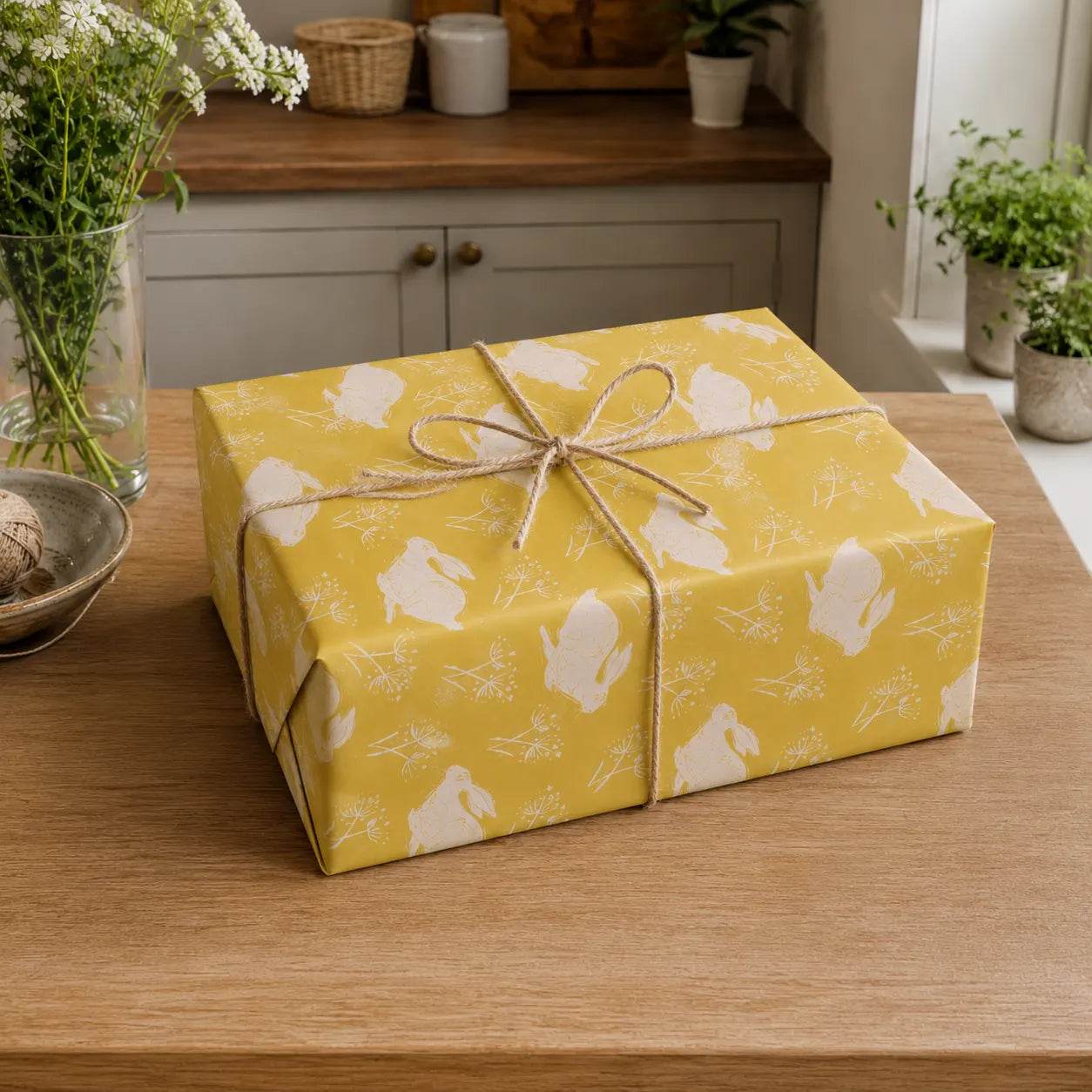 Sam Wilson Headlong Hare Yellow Ochre Gift Wrap - Zoomed