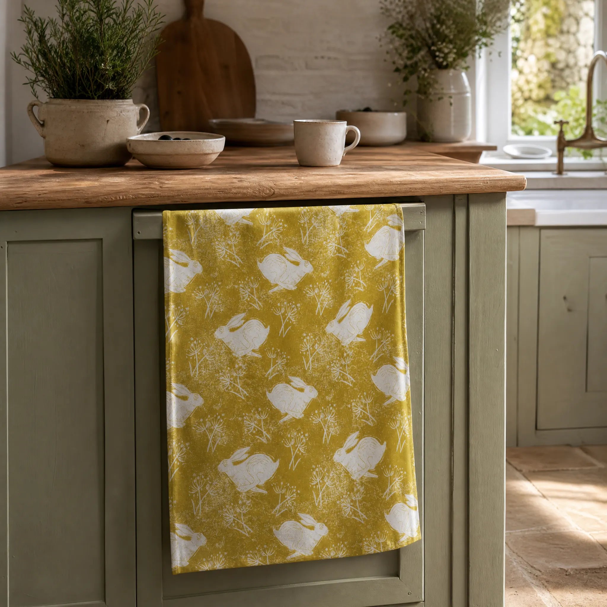 Sam Wilson Headlong Hare Yellow Ochre Cotton Tea Towel