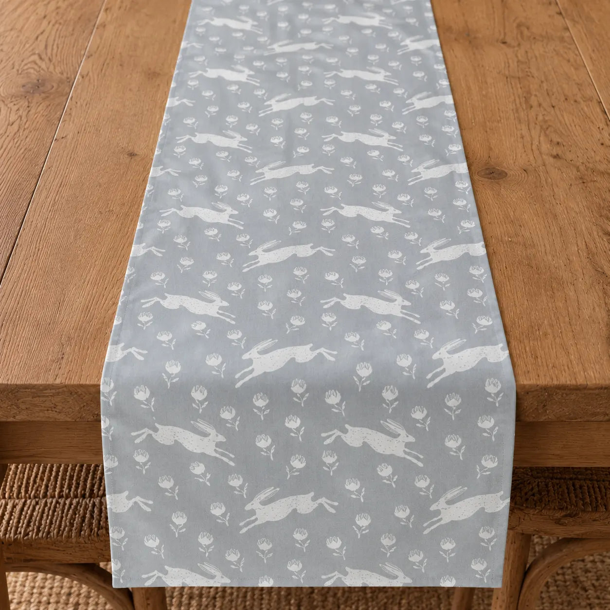 Sam Wilson Running Hare Grey Cotton Table Runner - Zoomed
