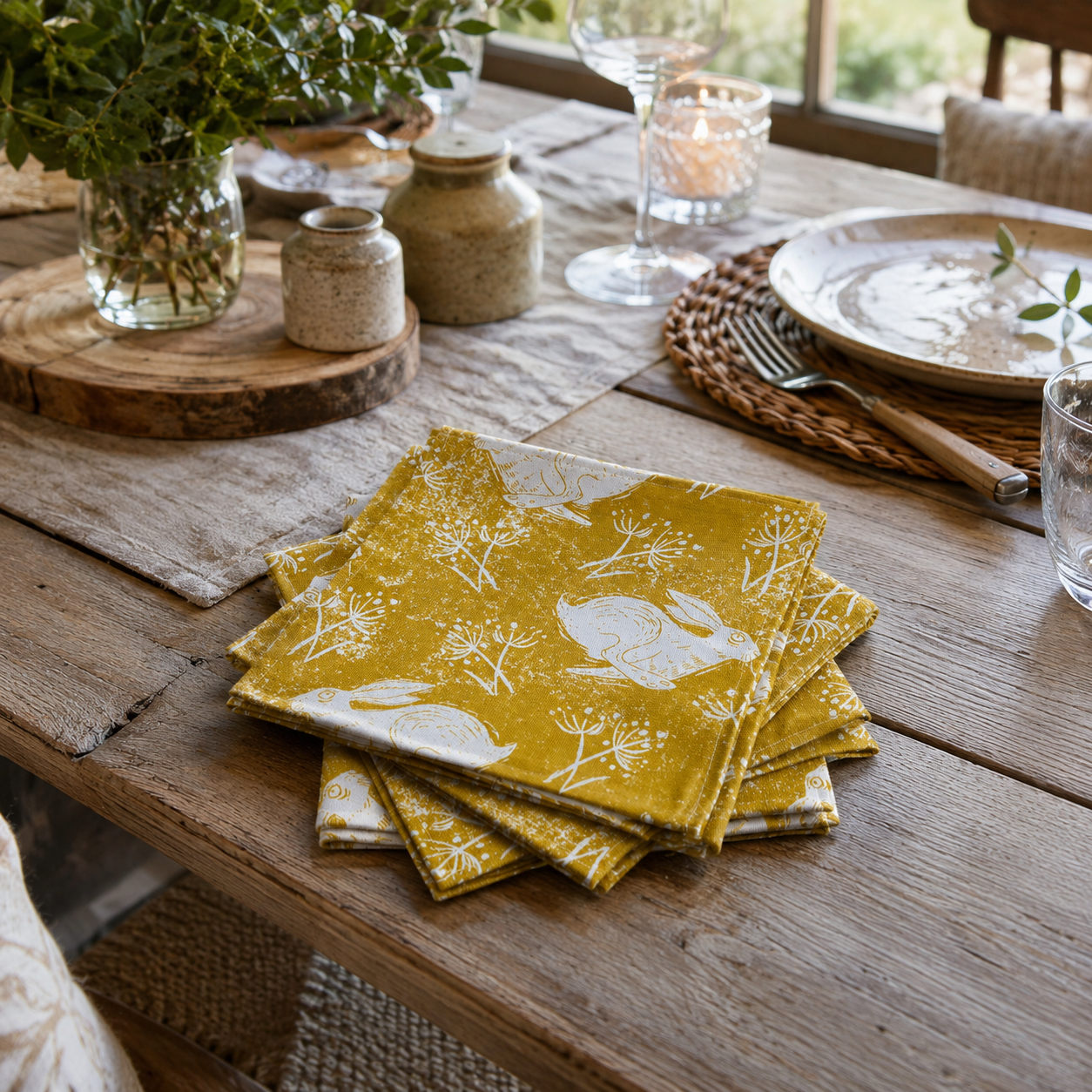 Sam Wilson Headlong Hare Yellow Ochre Cotton Napkins - Set of 4 - Main