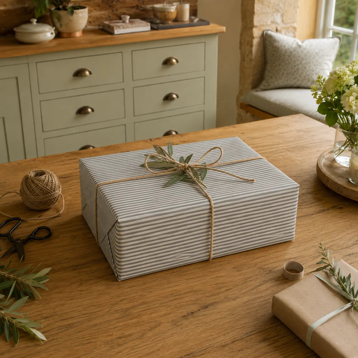 Sam Wilson Duck Egg Blue Stripe Gift Wrap - Zoomed