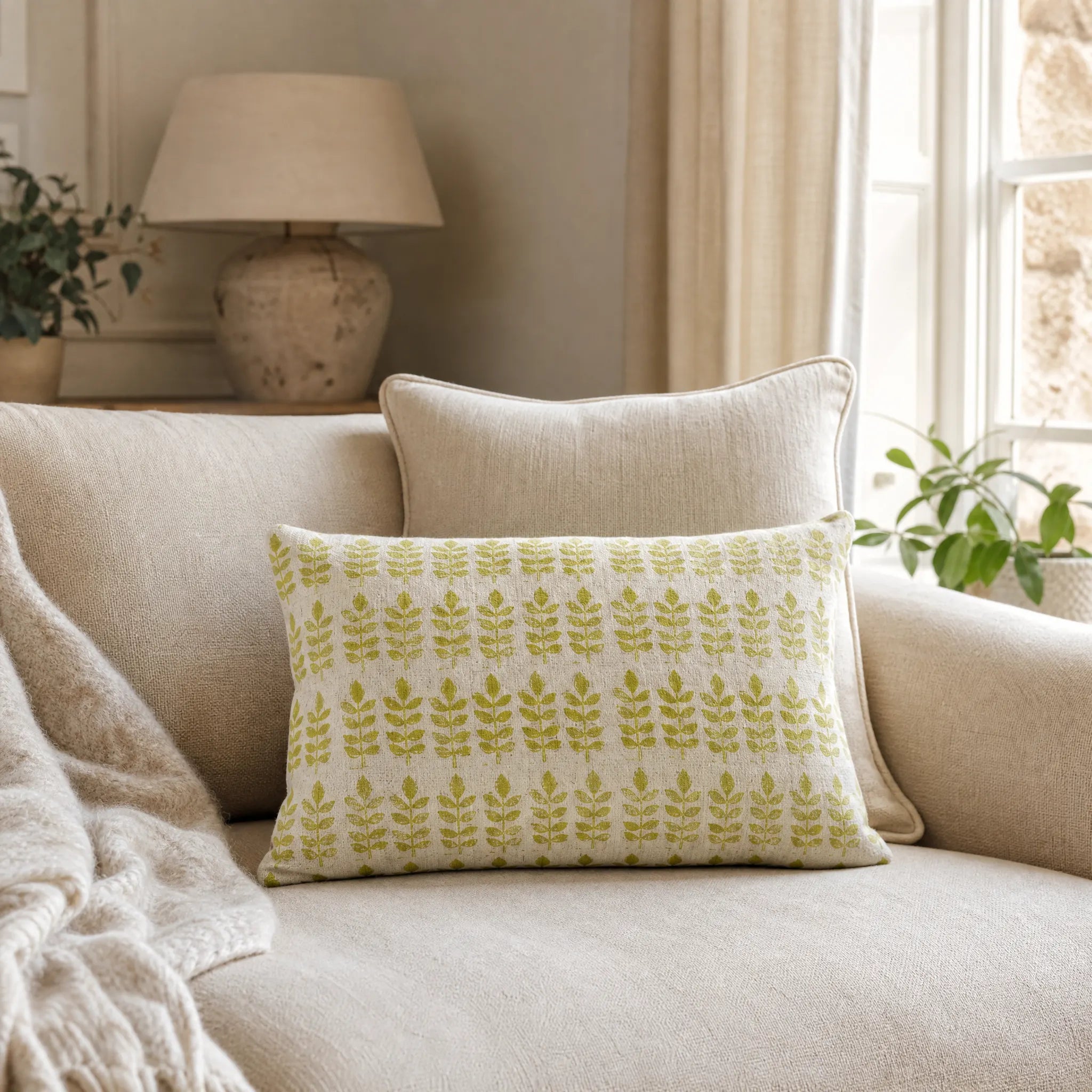 Sam Wilson Green Leaf Print Rectangle Linen Cushion