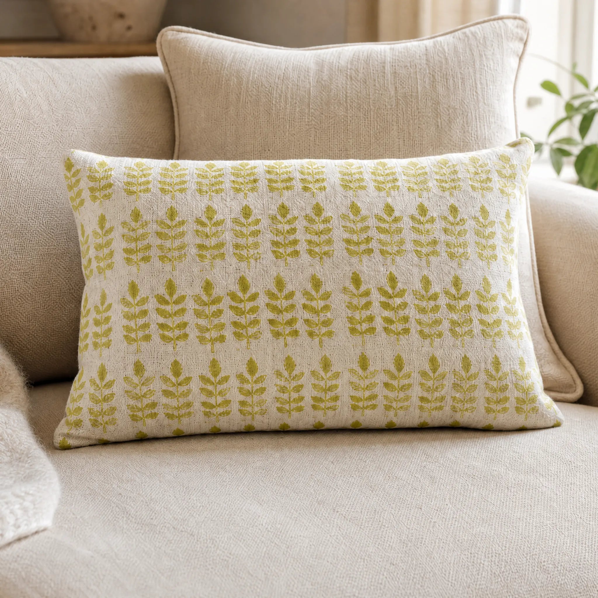 Sam Wilson Green Leaf Print Rectangle Linen Cushion