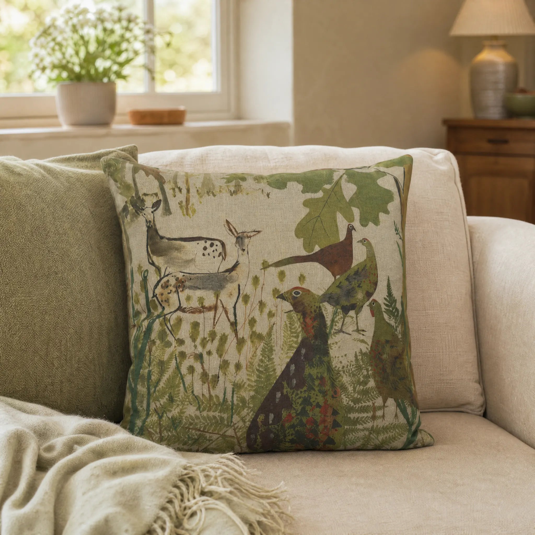 Sam Wilson Pheasant and Deer Square Linen Cushion