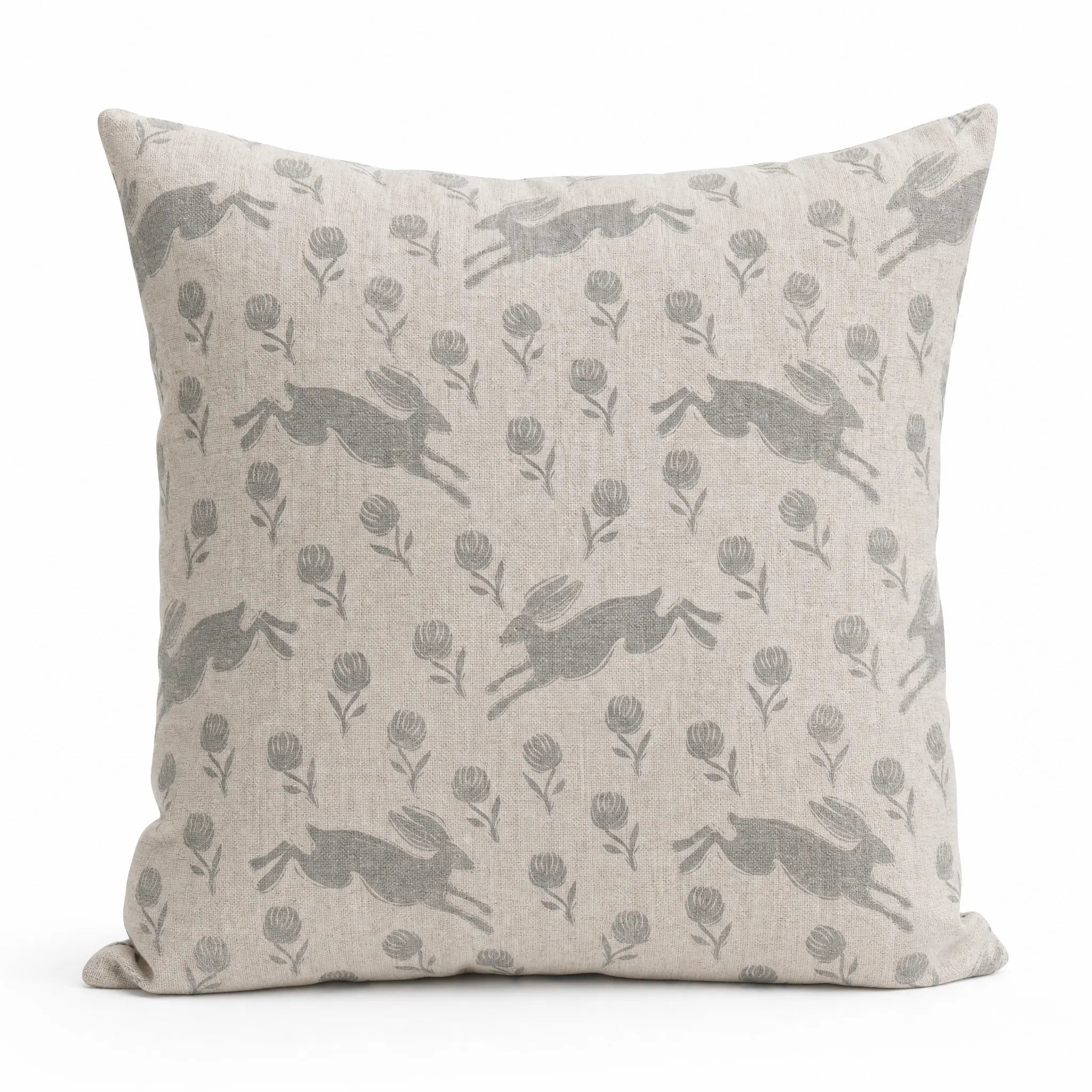 Sam Wilson Running Hare Grey On White Linen Cushion