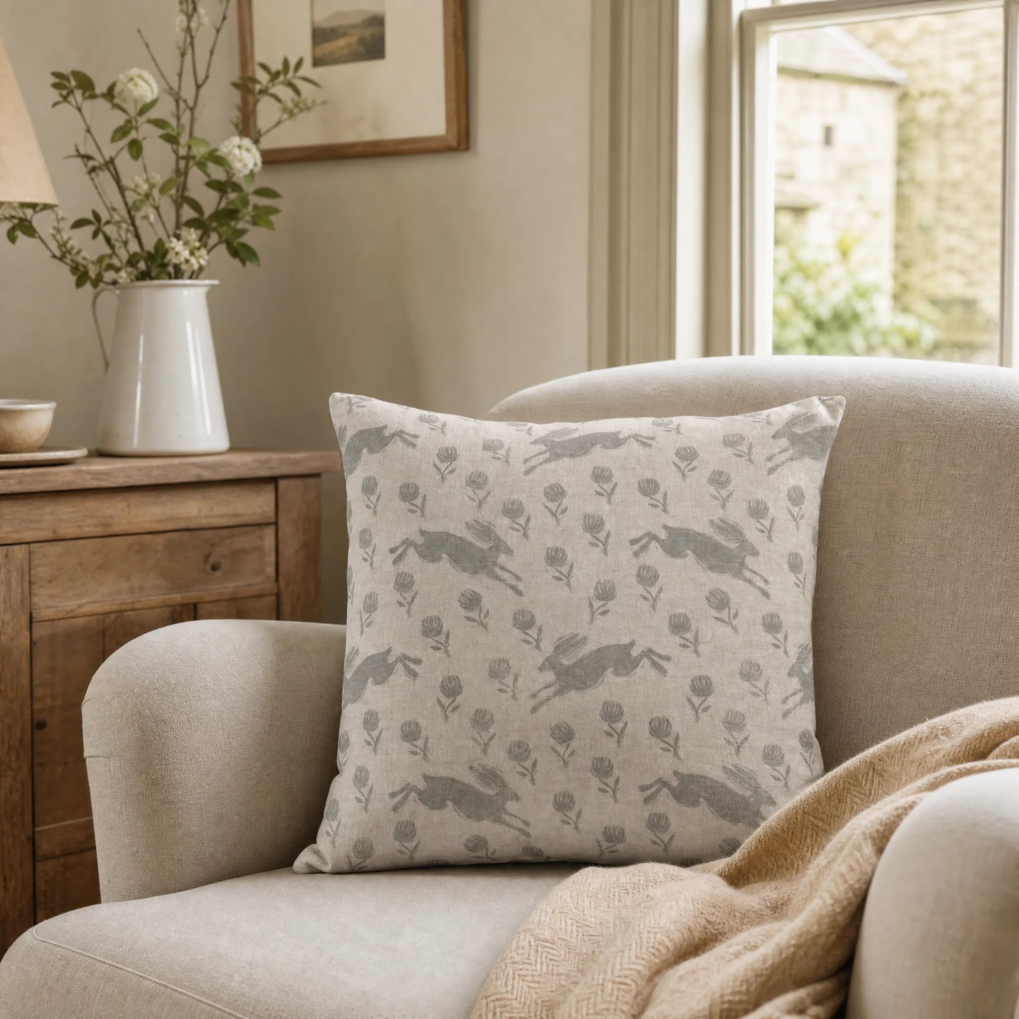 Sam Wilson Running Hare Grey On White Linen Cushion