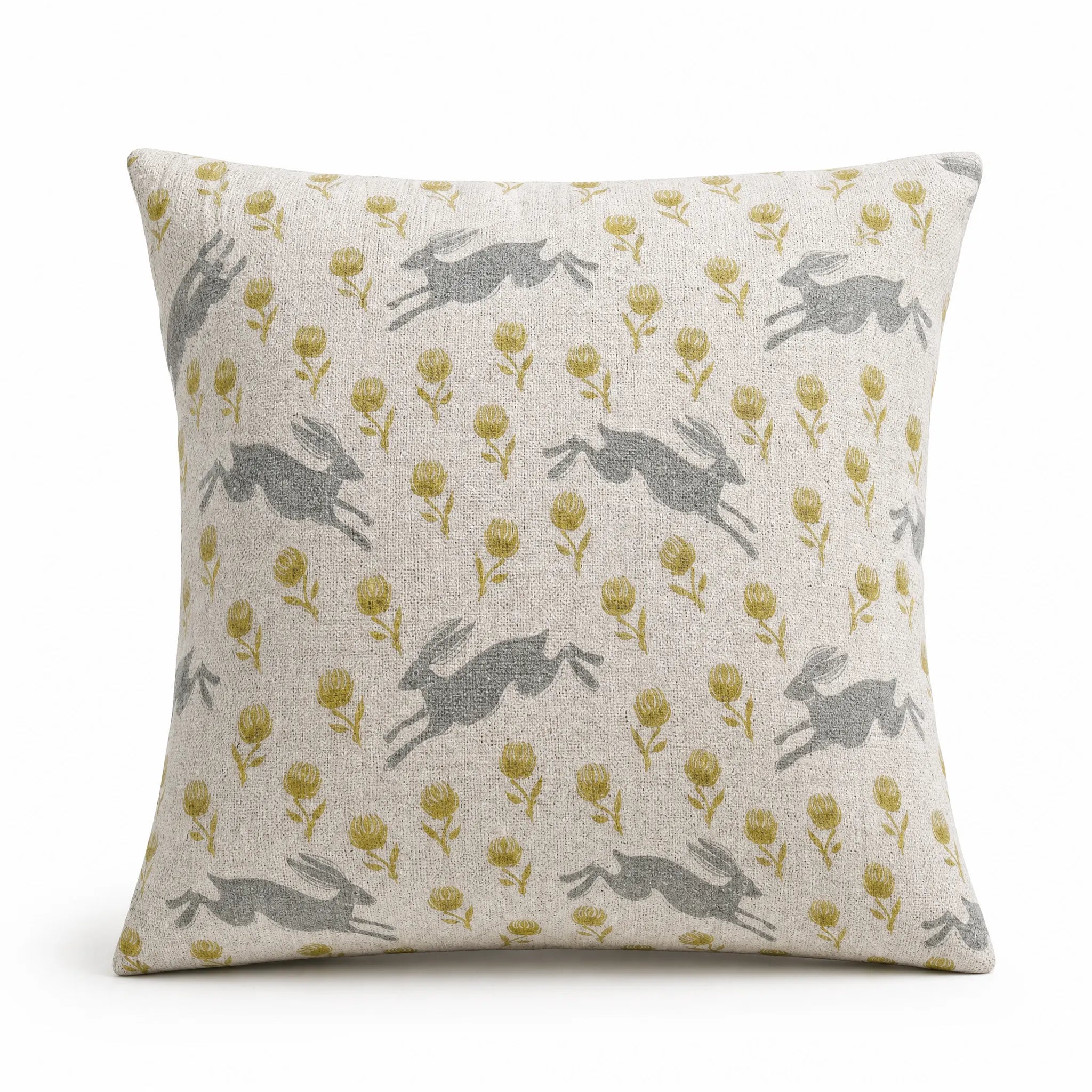Sam Wilson Running Hare Grey/Green Clover Linen Cushion
