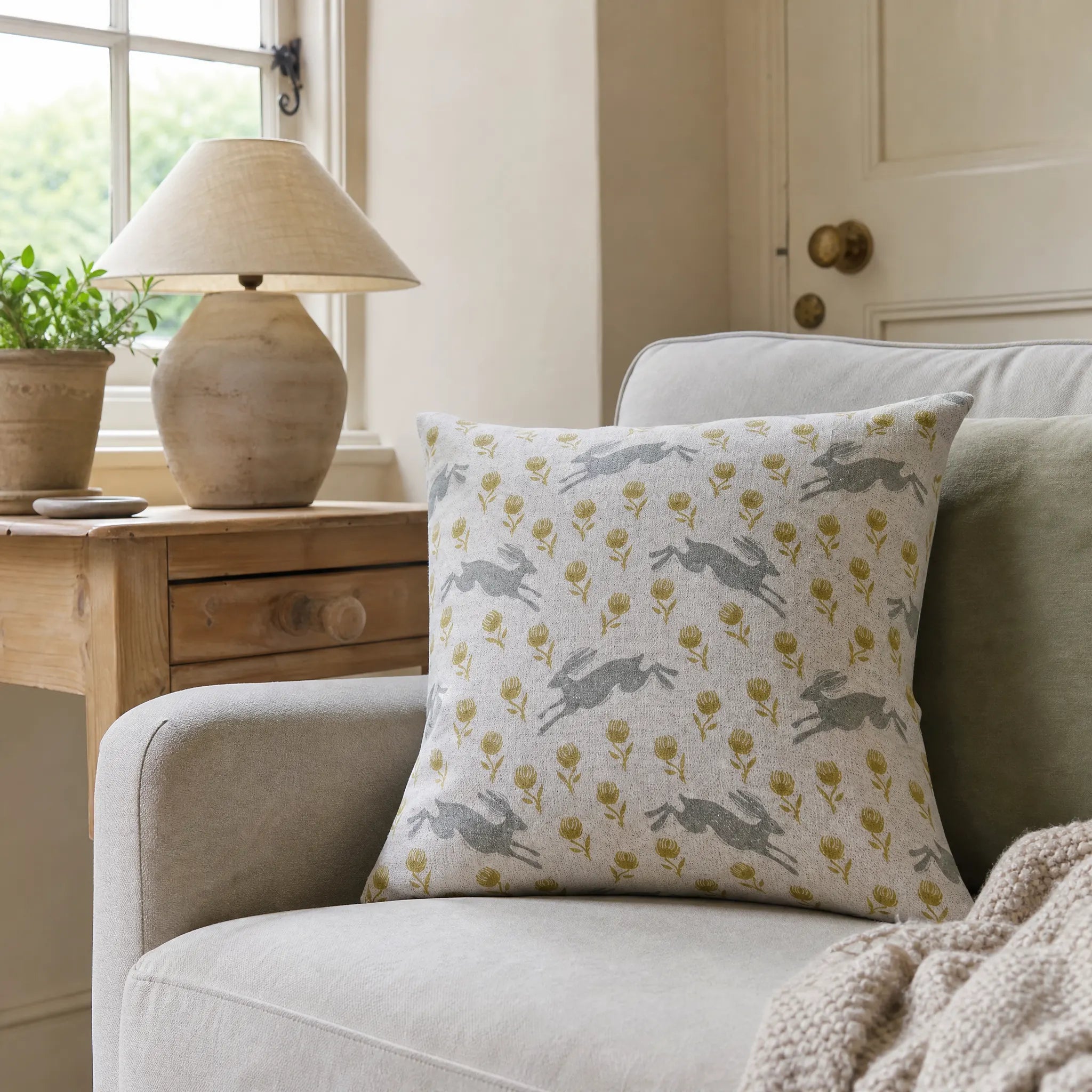 Sam Wilson Running Hare Grey/Green Clover Linen Cushion
