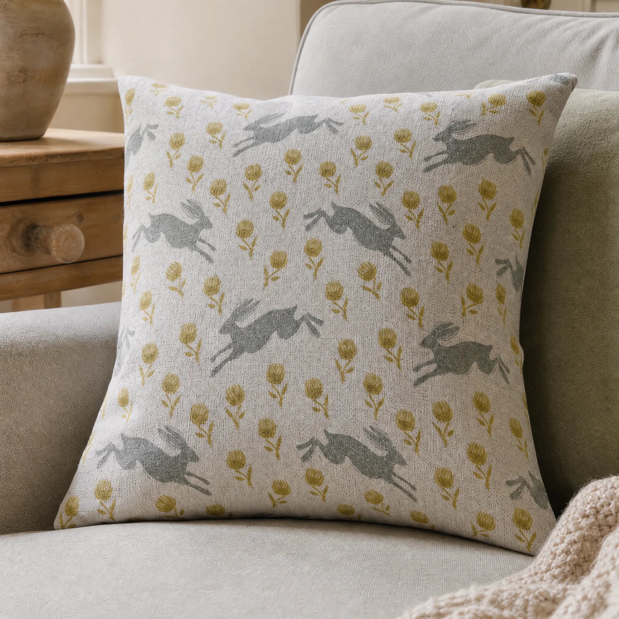 Sam Wilson Running Hare Grey/Green Clover Linen Cushion