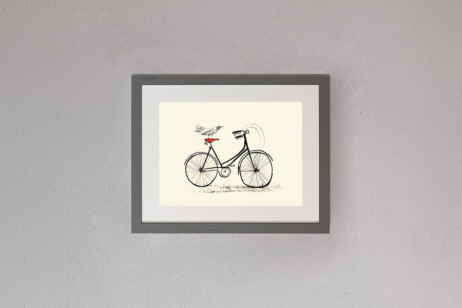 Framed Sam Wilson Bird On Bike Print