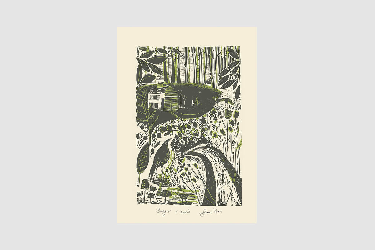 Unframed Sam Wilson The Badger and the Crow Print From Linocut - Unframed