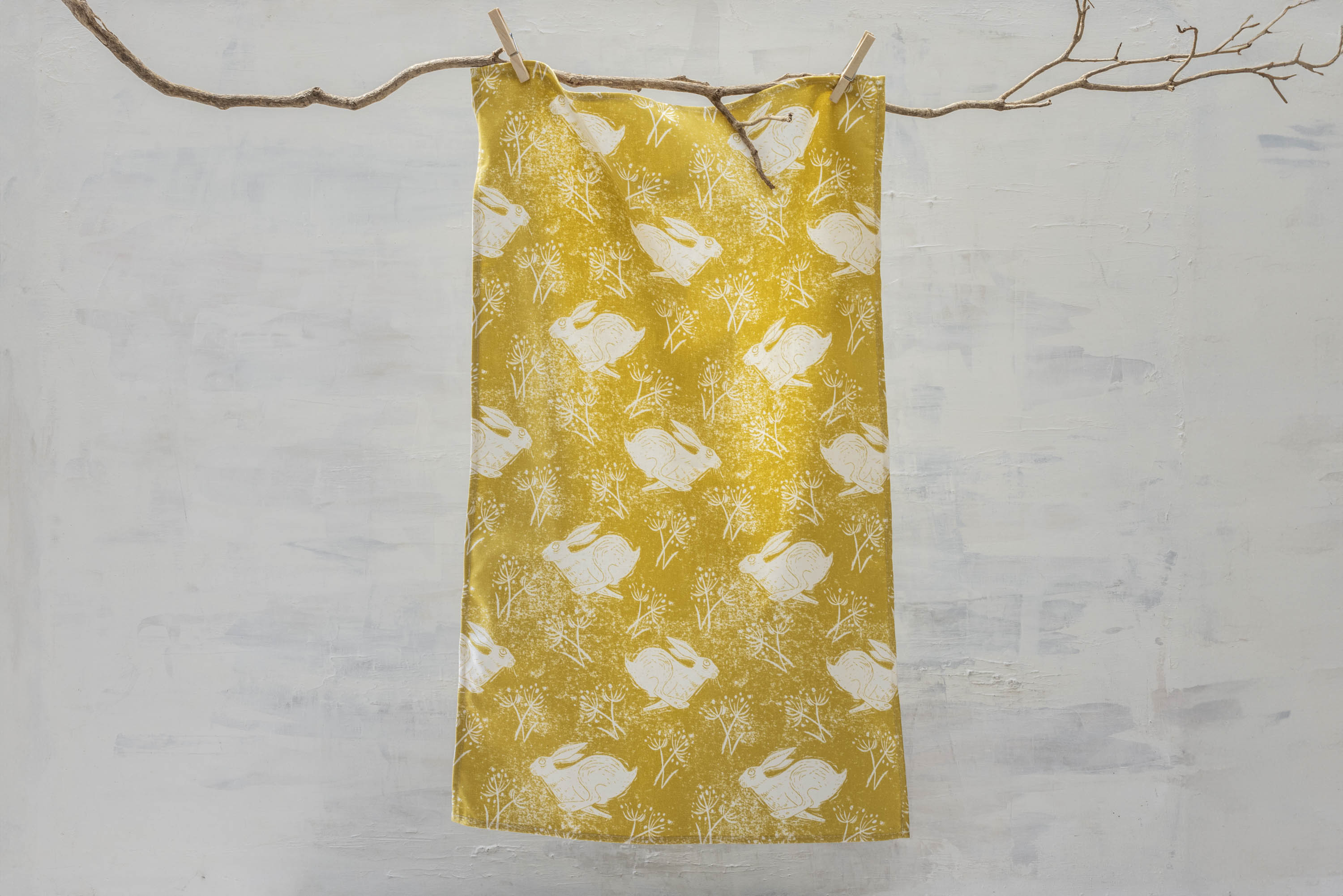 Sam Wilson Headlong Hare Yellow Ochre Cotton Tea Towel