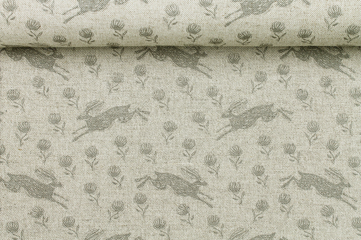 Sam Wilson Running Hare Grey On Natural Linen Fabric