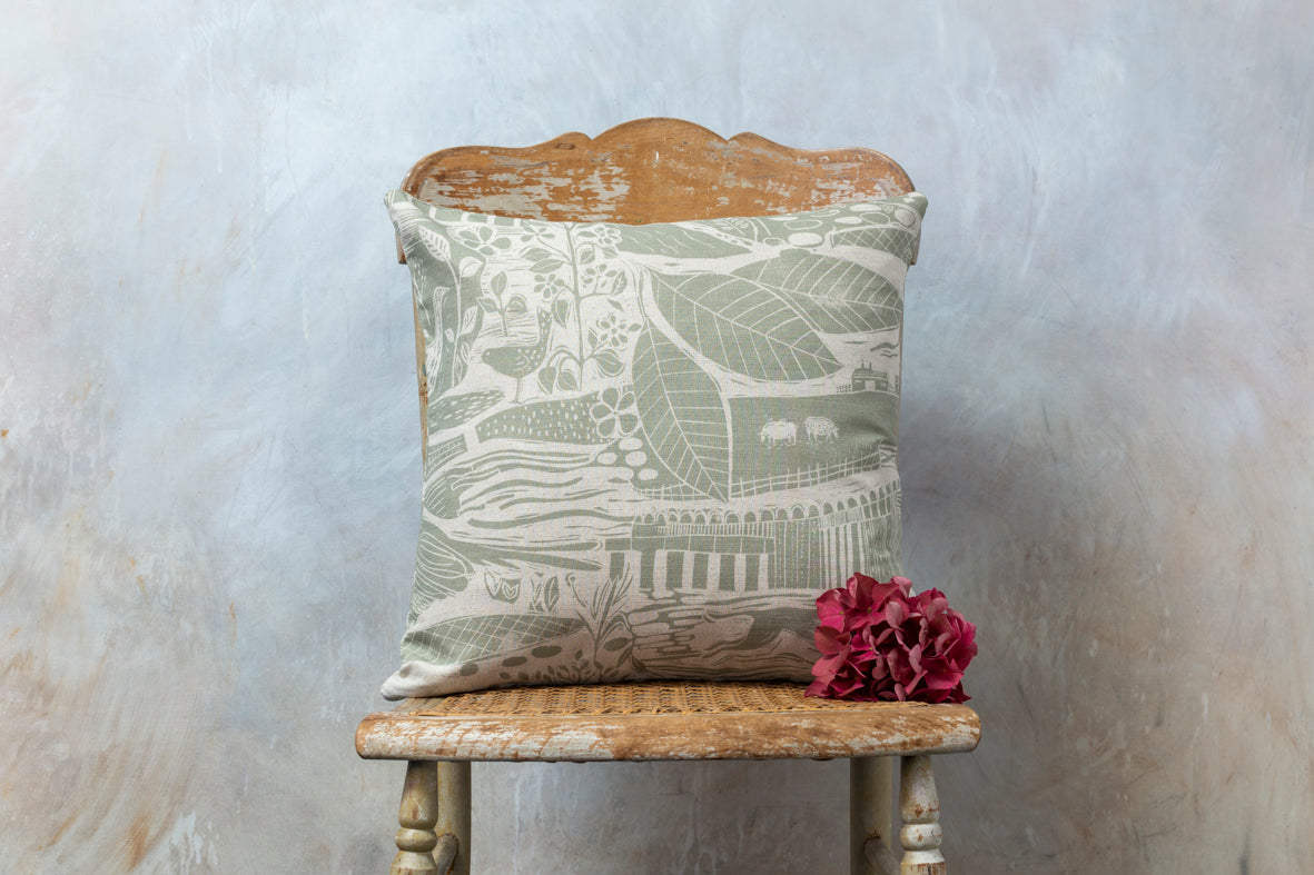 Sam Wilson Through The Fields Sage Square Linen Cushion