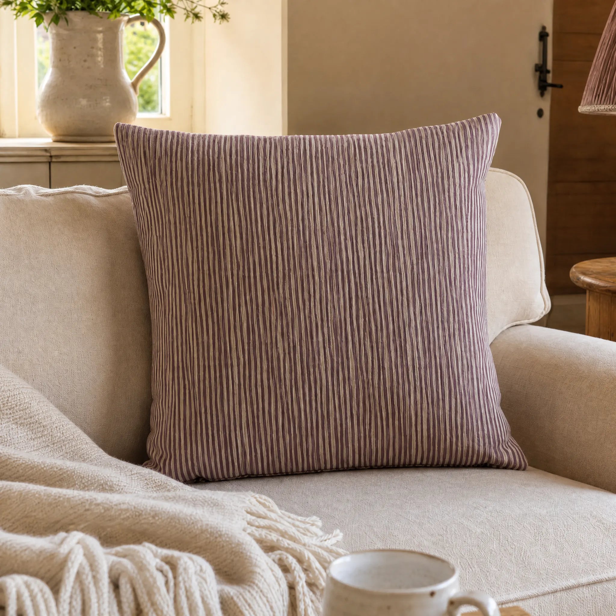 Aubergine Stripe Square Linen Cushion