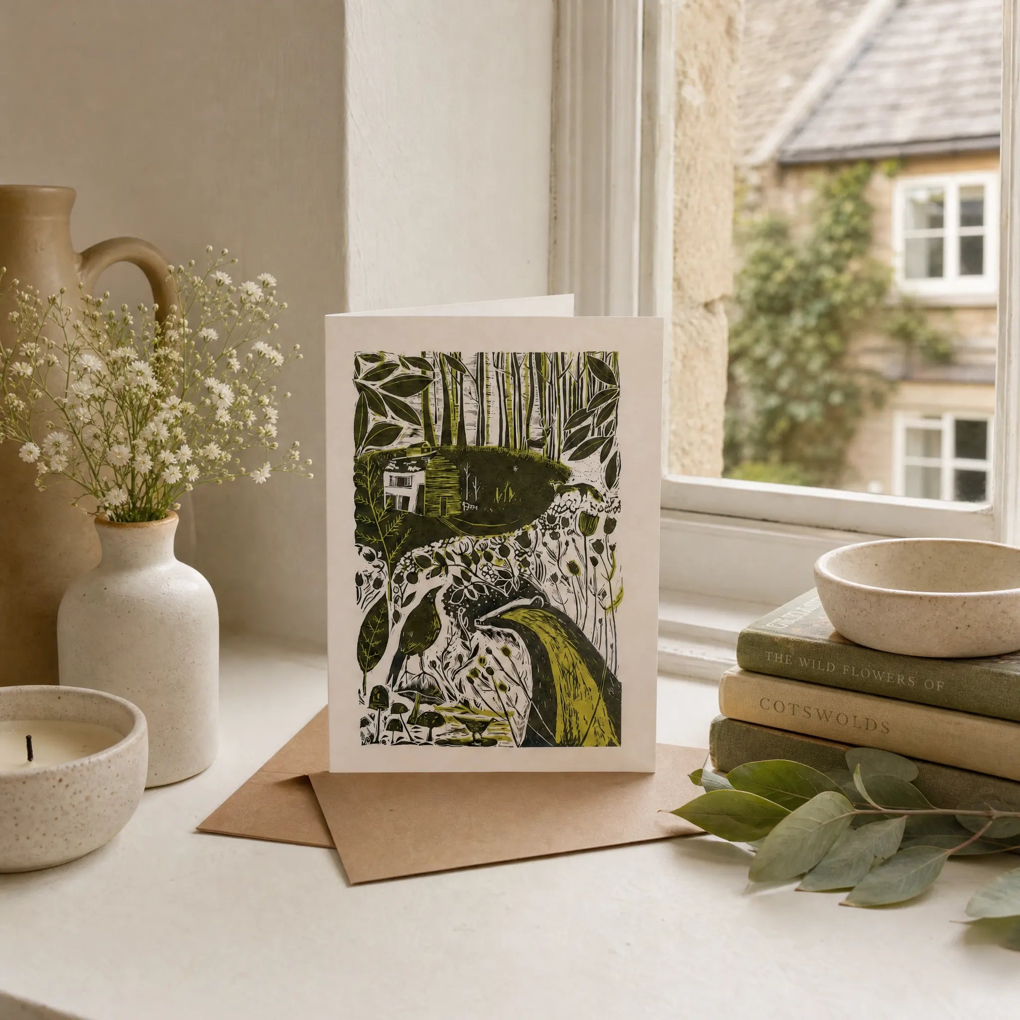 Sam Wilson Badger & Crow Linocut Greetings Card