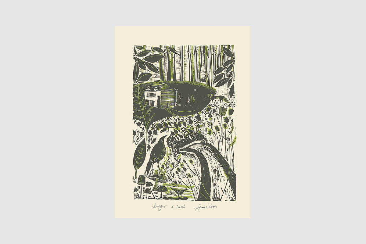 Sam Wilson The Badger and the Crow Print From Linocut - Unframed