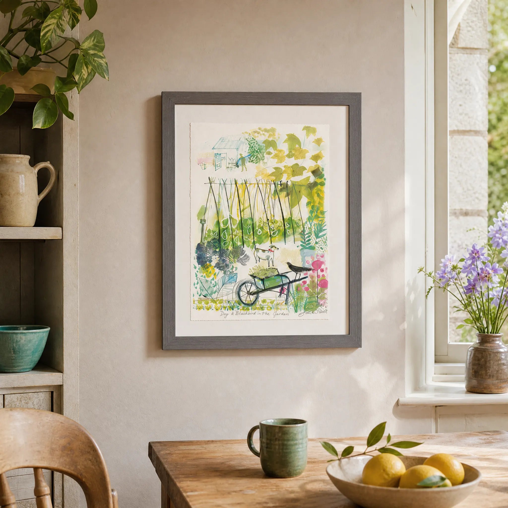 Sam Wilson Dog & Blackbird In The Garden Print