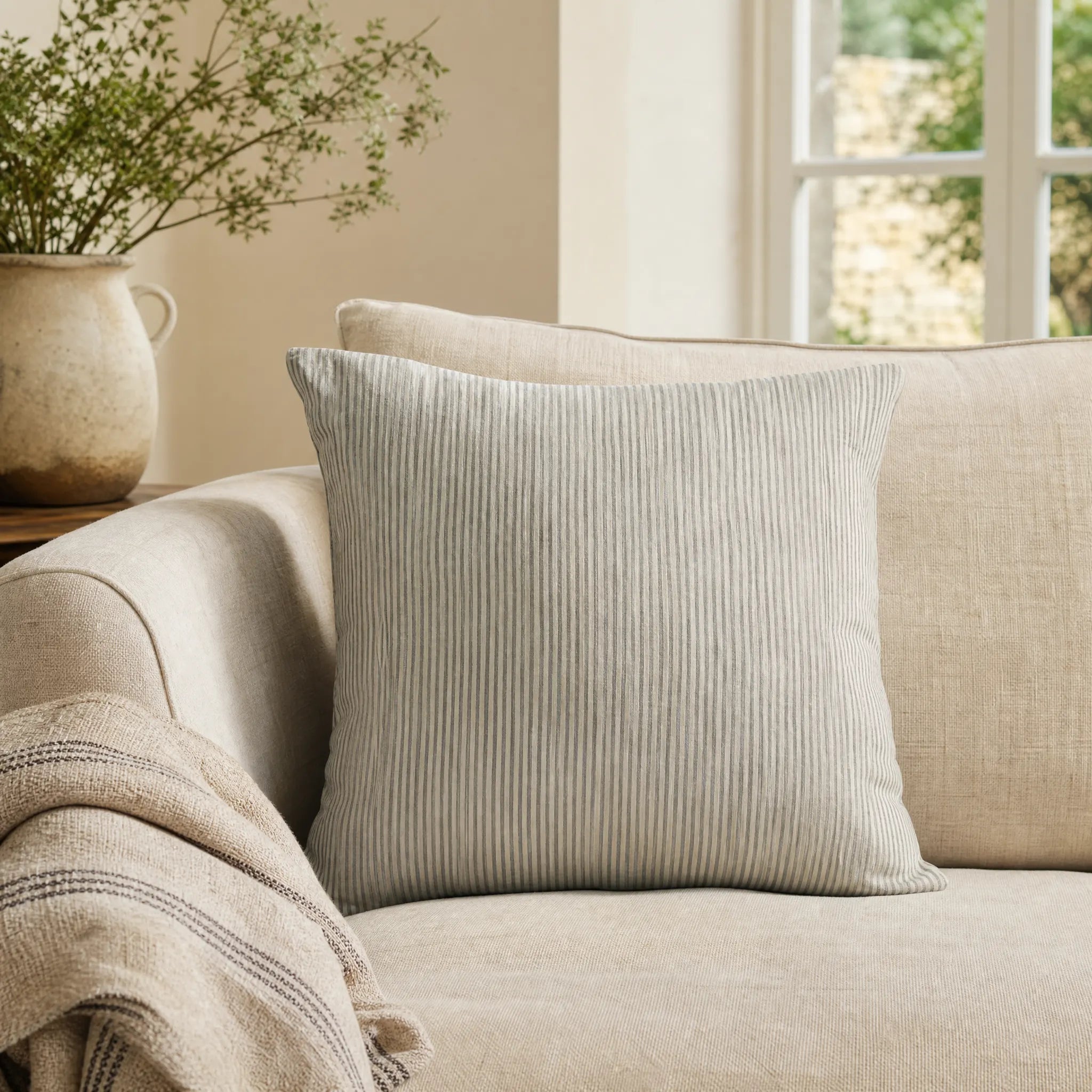 Sam Wilson Grey Stripe Square Linen Cushion