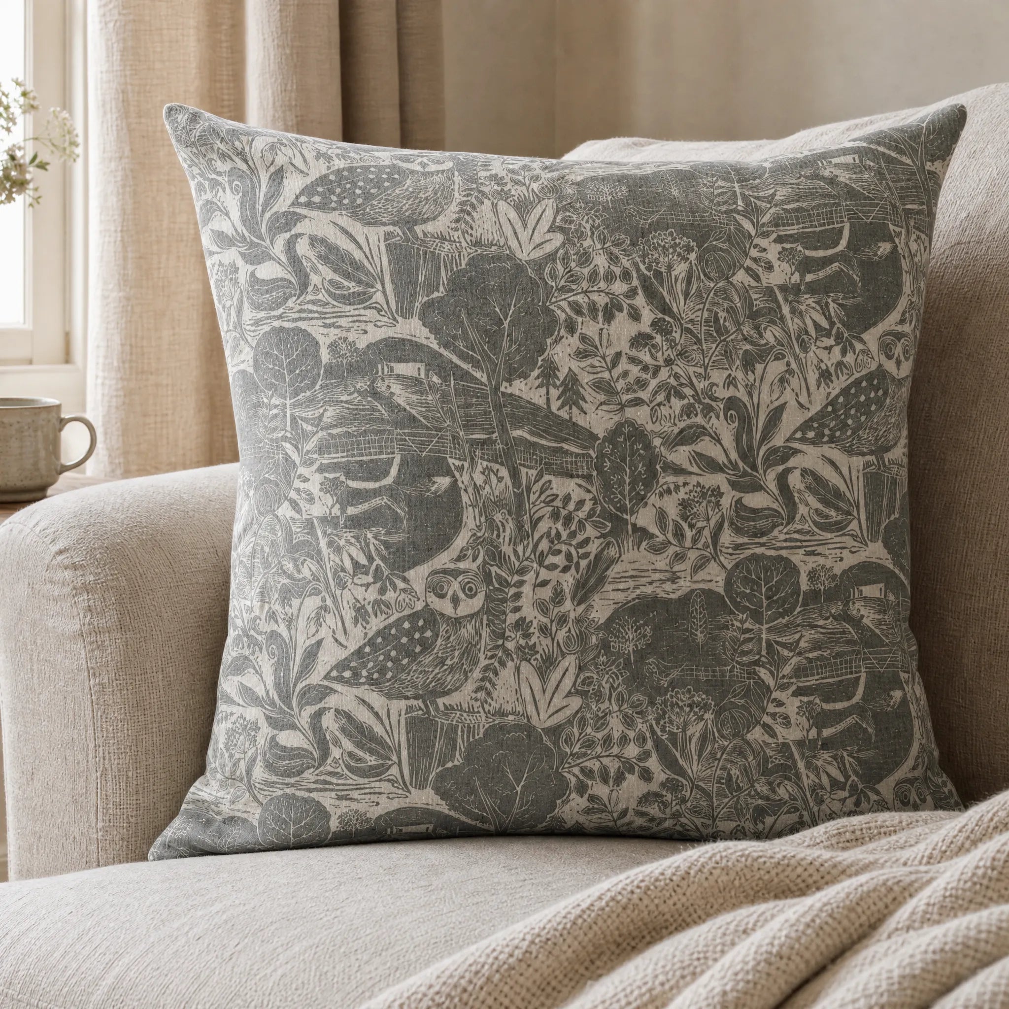 Sam Wilson Owl and Fox Large Linen Cushion