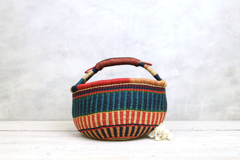 Multi-Coloured Woven Basket Bag - Round